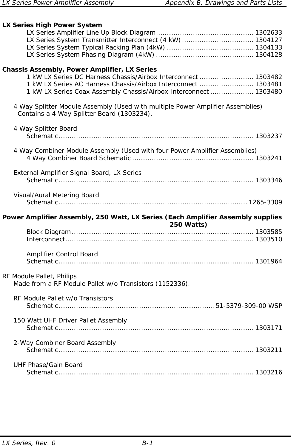 LX Series Power Amplifier Assembly   Appendix B, Drawings and Parts Lists LX Series, Rev. 0  B-1 LX Series High Power System     LX Series Amplifier Line Up Block Diagram............................................. 1302633     LX Series System Transmitter Interconnect (4 kW)................................. 1304127     LX Series System Typical Racking Plan (4kW) ........................................ 1304133     LX Series System Phasing Diagram (4kW) ............................................. 1304128     Chassis Assembly, Power Amplifier, LX Series     1 kW LX Series DC Harness Chassis/Airbox Interconnect ......................... 1303482     1 kW LX Series AC Harness Chassis/Airbox Interconnect .........................1303481     1 kW LX Series Coax Assembly Chassis/Airbox Interconnect .................... 1303480       4 Way Splitter Module Assembly (Used with multiple Power Amplifier Assemblies)     Contains a 4 Way Splitter Board (1303234).     4 Way Splitter Board    Schematic.......................................................................................... 1303237       4 Way Combiner Module Assembly (Used with four Power Amplifier Assemblies)     4 Way Combiner Board Schematic ........................................................ 1303241       External Amplifier Signal Board, LX Series    Schematic.......................................................................................... 1303346       Visual/Aural Metering Board    Schematic.......................................................................................1265-3309     Power Amplifier Assembly, 250 Watt, LX Series (Each Amplifier Assembly supplies                                                                            250 Watts)    Block Diagram.................................................................................... 1303585    Interconnect....................................................................................... 1303510         Amplifier Control Board    Schematic.......................................................................................... 1301964     RF Module Pallet, Philips   Made from a RF Module Pallet w/o Transistors (1152336).       RF Module Pallet w/o Transistors    Schematic........................................................................51-5379-309-00 WSP       150 Watt UHF Driver Pallet Assembly    Schematic.......................................................................................... 1303171       2-Way Combiner Board Assembly    Schematic.......................................................................................... 1303211       UHF Phase/Gain Board    Schematic.......................................................................................... 1303216          