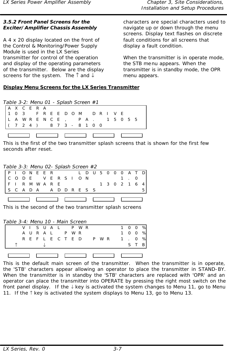 LX Series Power Amplifier Assembly Chapter 3, Site Considerations,   Installation and Setup Procedures LX Series, Rev. 0 3-7 3.5.2 Front Panel Screens for the Exciter/Amplifier Chassis Assembly  A 4 x 20 display located on the front of the Control &amp; Monitoring/Power Supply Module is used in the LX Series transmitter for control of the operation and display of the operating parameters of the transmitter.  Below are the display screens for the system.  The ↑ and ↓ characters are special characters used to navigate up or down through the menu screens. Display text flashes on discrete fault conditions for all screens that display a fault condition.   When the transmitter is in operate mode, the STB menu appears. When the transmitter is in standby mode, the OPR menu appears.  Display Menu Screens for the LX Series Transmitter  Table 3-2: Menu 01 - Splash Screen #1 A X C E R A               1 0 3  F R E E D O M  D R I V E    L A WR E N C E ,  P A .  1 5 0 5 5  ( 7 2 4 )  8 7 3 - 8 1 0 0       This is the first of the two transmitter splash screens that is shown for the first few seconds after reset.   Table 3-3: Menu 02- Splash Screen #2 P I O N E E R    L D U 5 0 0 0 A T D C O D E  V E R S I O N     1 . 0  F I R M WA R E      1 3 0 2 1 6 4 S C A D A  A D D R E S S       5 This is the second of the two transmitter splash screens  Table 3-4: Menu 10 - Main Screen     V I S U A L  P WR     1 0 0 %    A U R A L  P WR      1 0 0 %    R E F L E C T E D  P WR  1 . 0 % ↑    ↓            S T B This is the default main screen of the transmitter.  When the transmitter is in operate, the &apos;STB&apos; characters appear allowing an operator to place the transmitter in STAND-BY.  When the transmitter is in standby the &apos;STB&apos; characters are replaced with &apos;OPR&apos; and an operator can place the transmitter into OPERATE by pressing the right most switch on the front panel display.  If the ↓ key is activated the system changes to Menu 11, go to Menu 11.  If the ↑ key is activated the system displays to Menu 13, go to Menu 13. 