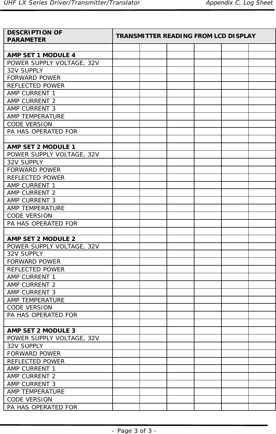 UHF LX Series Driver/Transmitter/Translator Appendix C, Log Sheet   - Page 3 of 3 -  DESCRIPTION OF PARAMETER TRANSMITTER READING FROM LCD DISPLAY         AMP SET 1 MODULE 4       POWER SUPPLY VOLTAGE, 32V       32V SUPPLY        FORWARD POWER        REFLECTED POWER        AMP CURRENT 1        AMP CURRENT 2        AMP CURRENT 3        AMP TEMPERATURE        CODE VERSION        PA HAS OPERATED FOR                AMP SET 2 MODULE 1       POWER SUPPLY VOLTAGE, 32V       32V SUPPLY        FORWARD POWER        REFLECTED POWER        AMP CURRENT 1        AMP CURRENT 2        AMP CURRENT 3        AMP TEMPERATURE        CODE VERSION        PA HAS OPERATED FOR                AMP SET 2 MODULE 2       POWER SUPPLY VOLTAGE, 32V       32V SUPPLY        FORWARD POWER        REFLECTED POWER        AMP CURRENT 1        AMP CURRENT 2        AMP CURRENT 3        AMP TEMPERATURE        CODE VERSION        PA HAS OPERATED FOR                AMP SET 2 MODULE 3       POWER SUPPLY VOLTAGE, 32V       32V SUPPLY        FORWARD POWER        REFLECTED POWER        AMP CURRENT 1        AMP CURRENT 2        AMP CURRENT 3        AMP TEMPERATURE        CODE VERSION        PA HAS OPERATED FOR        