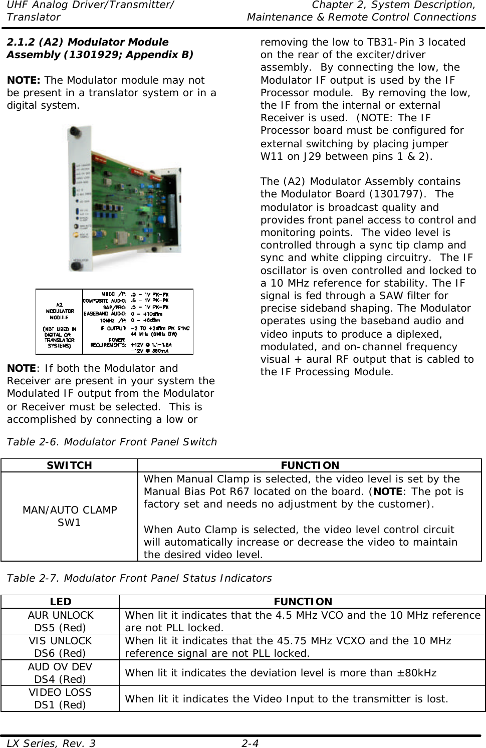 UHF Analog Driver/Transmitter/ Chapter 2, System Description, Translator Maintenance &amp; Remote Control Connections LX Series, Rev. 3 2-4 2.1.2 (A2) Modulator Module Assembly (1301929; Appendix B)  NOTE: The Modulator module may not be present in a translator system or in a digital system.     NOTE: If both the Modulator and Receiver are present in your system the Modulated IF output from the Modulator or Receiver must be selected.  This is accomplished by connecting a low or removing the low to TB31-Pin 3 located on the rear of the exciter/driver assembly.  By connecting the low, the Modulator IF output is used by the IF Processor module.  By removing the low, the IF from the internal or external Receiver is used.  (NOTE: The IF Processor board must be configured for external switching by placing jumper W11 on J29 between pins 1 &amp; 2).  The (A2) Modulator Assembly contains the Modulator Board (1301797).  The modulator is broadcast quality and provides front panel access to control and monitoring points.  The video level is controlled through a sync tip clamp and sync and white clipping circuitry.  The IF oscillator is oven controlled and locked to a 10 MHz reference for stability. The IF signal is fed through a SAW filter for precise sideband shaping. The Modulator operates using the baseband audio and video inputs to produce a diplexed, modulated, and on-channel frequency visual + aural RF output that is cabled to the IF Processing Module.   Table 2-6. Modulator Front Panel Switch  SWITCH FUNCTION MAN/AUTO CLAMP SW1 When Manual Clamp is selected, the video level is set by the Manual Bias Pot R67 located on the board. (NOTE: The pot is factory set and needs no adjustment by the customer).  When Auto Clamp is selected, the video level control circuit will automatically increase or decrease the video to maintain the desired video level.  Table 2-7. Modulator Front Panel Status Indicators  LED FUNCTION AUR UNLOCK DS5 (Red) When lit it indicates that the 4.5 MHz VCO and the 10 MHz reference are not PLL locked. VIS UNLOCK DS6 (Red) When lit it indicates that the 45.75 MHz VCXO and the 10 MHz reference signal are not PLL locked. AUD OV DEV DS4 (Red) When lit it indicates the deviation level is more than ±80kHz VIDEO LOSS DS1 (Red) When lit it indicates the Video Input to the transmitter is lost. 