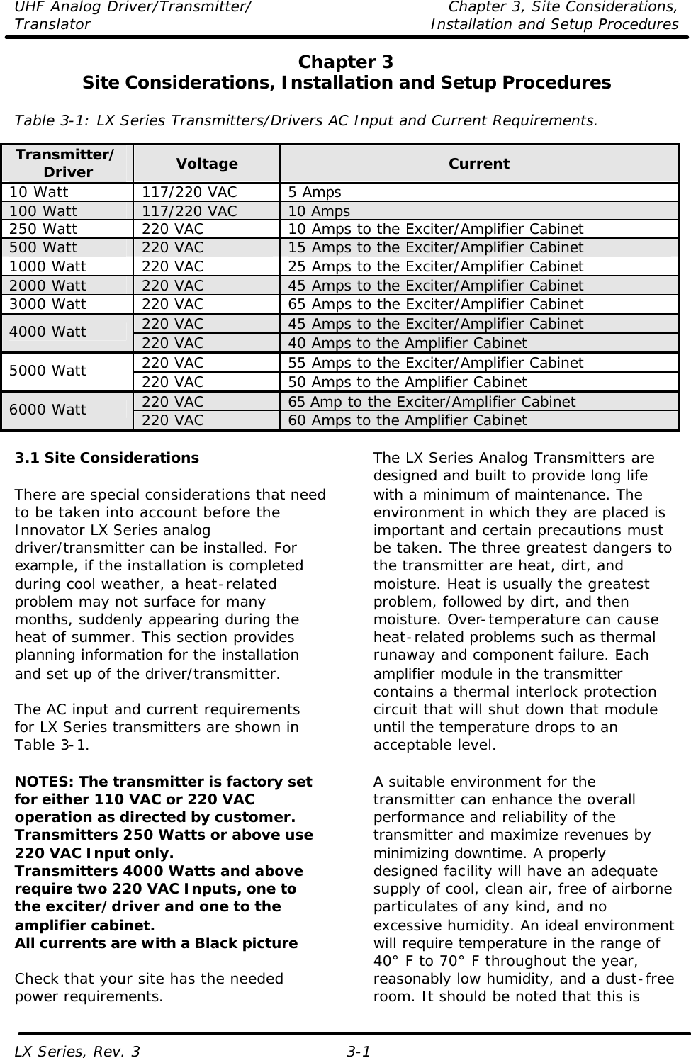 UHF Analog Driver/Transmitter/ Chapter 3, Site Considerations,  Translator Installation and Setup Procedures LX Series, Rev. 3 3-1 Chapter 3 Site Considerations, Installation and Setup Procedures  Table 3-1: LX Series Transmitters/Drivers AC Input and Current Requirements.  Transmitter/Driver Voltage Current 10 Watt 117/220 VAC 5 Amps 100 Watt 117/220 VAC 10 Amps 250 Watt 220 VAC 10 Amps to the Exciter/Amplifier Cabinet 500 Watt 220 VAC 15 Amps to the Exciter/Amplifier Cabinet 1000 Watt 220 VAC 25 Amps to the Exciter/Amplifier Cabinet 2000 Watt 220 VAC 45 Amps to the Exciter/Amplifier Cabinet 3000 Watt 220 VAC 65 Amps to the Exciter/Amplifier Cabinet 220 VAC 45 Amps to the Exciter/Amplifier Cabinet 4000 Watt 220 VAC 40 Amps to the Amplifier Cabinet 220 VAC 55 Amps to the Exciter/Amplifier Cabinet 5000 Watt 220 VAC 50 Amps to the Amplifier Cabinet 220 VAC 65 Amp to the Exciter/Amplifier Cabinet 6000 Watt 220 VAC 60 Amps to the Amplifier Cabinet  3.1 Site Considerations  There are special considerations that need to be taken into account before the Innovator LX Series analog driver/transmitter can be installed. For example, if the installation is completed during cool weather, a heat-related problem may not surface for many months, suddenly appearing during the heat of summer. This section provides planning information for the installation and set up of the driver/transmitter.  The AC input and current requirements for LX Series transmitters are shown in Table 3-1.  NOTES: The transmitter is factory set for either 110 VAC or 220 VAC operation as directed by customer.  Transmitters 250 Watts or above use 220 VAC Input only. Transmitters 4000 Watts and above require two 220 VAC Inputs, one to the exciter/driver and one to the amplifier cabinet. All currents are with a Black picture  Check that your site has the needed power requirements. The LX Series Analog Transmitters are designed and built to provide long life with a minimum of maintenance. The environment in which they are placed is important and certain precautions must be taken. The three greatest dangers to the transmitter are heat, dirt, and moisture. Heat is usually the greatest problem, followed by dirt, and then moisture. Over-temperature can cause heat-related problems such as thermal runaway and component failure. Each amplifier module in the transmitter contains a thermal interlock protection circuit that will shut down that module until the temperature drops to an acceptable level.  A suitable environment for the transmitter can enhance the overall performance and reliability of the transmitter and maximize revenues by minimizing downtime. A properly designed facility will have an adequate supply of cool, clean air, free of airborne particulates of any kind, and no excessive humidity. An ideal environment will require temperature in the range of 40° F to 70° F throughout the year, reasonably low humidity, and a dust-free room. It should be noted that this is 
