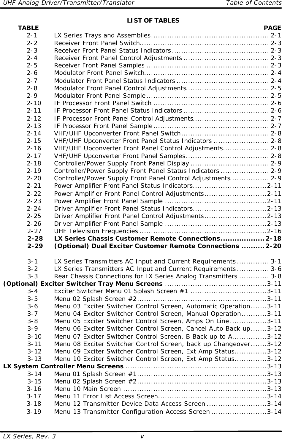 UHF Analog Driver/Transmitter/Translator   Table of Contents  LX Series, Rev. 3 vLIST OF TABLES         TABLE  PAGE  2-1   LX Series Trays and Assemblies................................................... 2-1  2-2   Receiver Front Panel Switch........................................................ 2-3  2-3   Receiver Front Panel Status Indicators.......................................... 2-3  2-4   Receiver Front Panel Control Adjustments ..................................... 2-3  2-5   Receiver Front Panel Samples ..................................................... 2-3  2-6   Modulator Front Panel Switch...................................................... 2-4  2-7   Modulator Front Panel Status Indicators ........................................ 2-4  2-8   Modulator Front Panel Control Adjustments.................................... 2-5  2-9   Modulator Front Panel Sample..................................................... 2-5  2-10 IF Processor Front Panel Switch................................................... 2-6  2-11 IF Processor Front Panel Status Indicators ..................................... 2-6  2-12 IF Processor Front Panel Control Adjustments................................. 2-7  2-13 IF Processor Front Panel Sample.................................................. 2-7  2-14 VHF/UHF Upconverter Front Panel Switch...................................... 2-8  2-15 VHF/UHF Upconverter Front Panel Status Indicators ........................ 2-8  2-16 VHF/UHF Upconverter Front Panel Control Adjustments.................... 2-8  2-17 VHF/UHF Upconverter Front Panel Samples.................................... 2-8  2-18 Controller/Power Supply Front Panel Display .................................. 2-9  2-19 Controller/Power Supply Front Panel Status Indicators ..................... 2-9  2-20 Controller/Power Supply Front Panel Control Adjustments................. 2-9  2-21 Power Amplifier Front Panel Status Indicators................................2-11  2-22 Power Amplifier Front Panel Control Adjustments...........................2-11  2-23 Power Amplifier Front Panel Sample ............................................2-11  2-24 Driver Amplifier Front Panel Status Indicators................................2-13  2-25 Driver Amplifier Front Panel Control Adjustments...........................2-13  2-26 Driver Amplifier Front Panel Sample ............................................2-13  2-27 UHF Television Frequencies .......................................................2-16  2-28 LX Series Chassis Customer Remote Connections...................2-18  2-29 (Optional) Dual Exciter Customer Remote Connections ..........2-20   3-1   LX Series Transmitters AC Input and Current Requirements.............. 3-1  3-2   LX Series Transmitters AC Input and Current Requirements.............. 3-6  3-3   Rear Chassis Connections for LX Series Analog Transmitters ............. 3-8 (Optional) Exciter Switcher Tray Menu Screens ............................................3-11  3-4   Exciter Switcher Menu 01 Splash Screen #1 .................................3-11  3-5   Menu 02 Splash Screen #2........................................................3-11  3-6   Menu 03 Exciter Switcher Control Screen, Automatic Operation.......3-11  3-7   Menu 04 Exciter Switcher Control Screen, Manual Operation...........3-11  3-8   Menu 05 Exciter Switcher Control Screen, Amps On Line................3-11  3-9   Menu 06 Exciter Switcher Control Screen, Cancel Auto Back up.......3-12  3-10 Menu 07 Exciter Switcher Control Screen, B Back up to A...............3-12  3-11 Menu 08 Exciter Switcher Control Screen, back up Changeover.......3-12  3-12 Menu 09 Exciter Switcher Control Screen, Ext Amp Status..............3-12  3-13 Menu 10 Exciter Switcher Control Screen, Ext Amp Status..............3-12 LX System Controller Menu Screens .............................................................3-13  3-14 Menu 01 Splash Screen #1........................................................3-13  3-15 Menu 02 Splash Screen #2........................................................3-13  3-16 Menu 10 Main Screen ..............................................................3-13  3-17 Menu 11 Error List Access Screen...............................................3-14  3-18 Menu 12 Transmitter Device Data Access Screen ..........................3-14  3-19 Menu 13 Transmitter Configuration Access Screen ........................3-14 