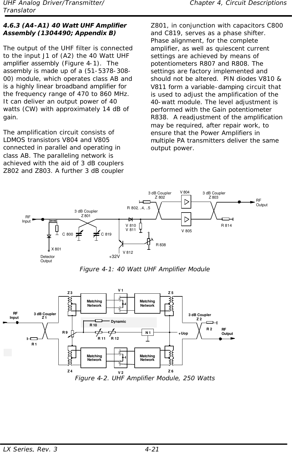 UHF Analog Driver/Transmitter/    Chapter 4, Circuit Descriptions Translator LX Series, Rev. 3    4-21 4.6.3 (A4-A1) 40 Watt UHF Amplifier Assembly (1304490; Appendix B)  The output of the UHF filter is connected to the input J1 of (A2) the 40 Watt UHF amplifier assembly (Figure 4-1).  The assembly is made up of a (51-5378-308-00) module, which operates class AB and is a highly linear broadband amplifier for the frequency range of 470 to 860 MHz. It can deliver an output power of 40 watts (CW) with approximately 14 dB of gain.  The amplification circuit consists of LDMOS transistors V804 and V805 connected in parallel and operating in class AB. The paralleling network is achieved with the aid of 3 dB couplers Z802 and Z803. A further 3 dB coupler Z801, in conjunction with capacitors C800 and C819, serves as a phase shifter. Phase alignment, for the complete amplifier, as well as quiescent current settings are achieved by means of potentiometers R807 and R808. The settings are factory implemented and should not be altered.  PIN diodes V810 &amp; V811 form a variable-damping circuit that is used to adjust the amplification of the 40-watt module. The level adjustment is performed with the Gain potentiometer R838.  A readjustment of the amplification may be required, after repair work, to ensure that the Power Amplifiers in multiple PA transmitters deliver the same output power.     V 805V 8043 dB CouplerZ 801RFOutputRFInput R 814R 802, ..4, ..5C 800 C 819DetectorOutputX 801+32V+R 838V 810V 811V 8123 dB CouplerZ 802 3 dB CouplerZ 803 Figure 4-1: 40 Watt UHF Amplifier Module  V 13 dB CouplerZ 2RFOutputRFInput 3 dB CouplerZ 1R 2R 1MatchingNetworkMatchingNetworkV 2MatchingNetworkMatchingNetworkZ 3 Z 5Z 4 Z 6+UopN 1R 11 R 12R 9R 10 DynamicEqualization Figure 4-2. UHF Amplifier Module, 250 Watts  