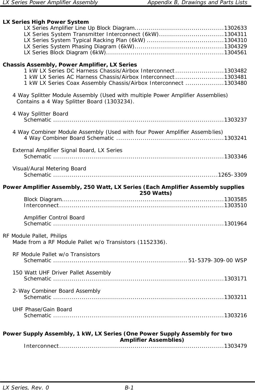 LX Series Power Amplifier Assembly    Appendix B, Drawings and Parts Lists LX Series, Rev. 0 B-1 LX Series High Power System     LX Series Amplifier Line Up Block Diagram............................................1302633     LX Series System Transmitter Interconnect (6kW)................................1304311     LX Series System Typical Racking Plan (6kW) ......................................1304310     LX Series System Phasing Diagram (6kW)............................................1304329     LX Series Block Diagram (6kW)..........................................................1304561  Chassis Assembly, Power Amplifier, LX Series     1 kW LX Series DC Harness Chassis/Airbox Interconnect........................1303482     1 kW LX Series AC Harness Chassis/Airbox Interconnect........................1303481     1 kW LX Series Coax Assembly Chassis/Airbox Interconnect...................1303480       4 Way Splitter Module Assembly (Used with multiple Power Amplifier Assemblies)    Contains a 4 Way Splitter Board (1303234).     4 Way Splitter Board     Schematic ....................................................................................1303237       4 Way Combiner Module Assembly (Used with four Power Amplifier Assemblies)     4 Way Combiner Board Schematic .....................................................1303241       External Amplifier Signal Board, LX Series     Schematic ....................................................................................1303346       Visual/Aural Metering Board     Schematic .................................................................................1265-3309      Power Amplifier Assembly, 250 Watt, LX Series (Each Amplifier Assembly supplies                                                                            250 Watts)     Block Diagram................................................................................1303585     Interconnect.................................................................................1303510          Amplifier Control Board     Schematic ....................................................................................1301964      RF Module Pallet, Philips  Made from a RF Module Pallet w/o Transistors (1152336).       RF Module Pallet w/o Transistors     Schematic ..................................................................51-5379-309-00 WSP       150 Watt UHF Driver Pallet Assembly     Schematic ....................................................................................1303171       2-Way Combiner Board Assembly     Schematic ....................................................................................1303211       UHF Phase/Gain Board     Schematic ....................................................................................1303216       Power Supply Assembly, 1 kW, LX Series (One Power Supply Assembly for two                                                                Amplifier Assemblies)     Interconnect.................................................................................1303479 