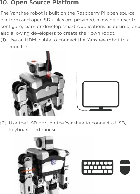 10. Open Source Platform(2). Use the USB port on the Yanshee to connect a USB,        keyboard and mouse.The Yanshee robot is built on the Raspberry Pi open source platform and open SDK files are provided, allowing a user to configure, learn or develop smart Applications as desired, and also allowing developers to create their own robot.(1). Use an HDMI cable to connect the Yanshee robot to a monitor.