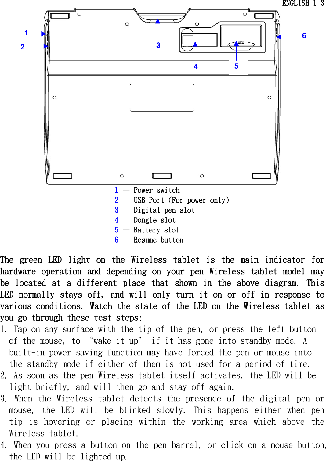     ENGLISH 1-3  1 — Power switch 2 — USB Port (For power only) 3 — Digital pen slot   4 — Dongle slot 5 — Battery slot  6 — Resume button  The  green  LED  light  on  the  Wireless  tablet  is  the  main  indicator  for hardware  operation  and  depending  on  your  pen  Wireless  tablet  model  may be  located  at  a  different  place  that  shown  in  the  above  diagram.  This LED normally stays off, and will only turn it on or off in response to various conditions. Watch the state of the LED on the Wireless tablet as you go through these test steps: 1. Tap on any surface with the tip of the pen, or press the left button of the mouse, to “wake it up＂ if it has gone into standby mode. A built-in power saving function may have forced the pen or mouse into the standby mode if either of them is not used for a period of time.  2. As soon as the pen Wireless tablet itself activates, the LED will be light briefly, and will then go and stay off again.  3. When the  Wireless  tablet  detects  the  presence  of  the digital  pen  or mouse,  the  LED  will  be  blinked  slowly.  This  happens  either  when  pen tip  is  hovering  or  placing  within  the  working  area  which  above  the Wireless tablet. 4. When you press a button on the pen barrel, or click on a mouse button, the LED will be lighted up.  5  43 2 16 