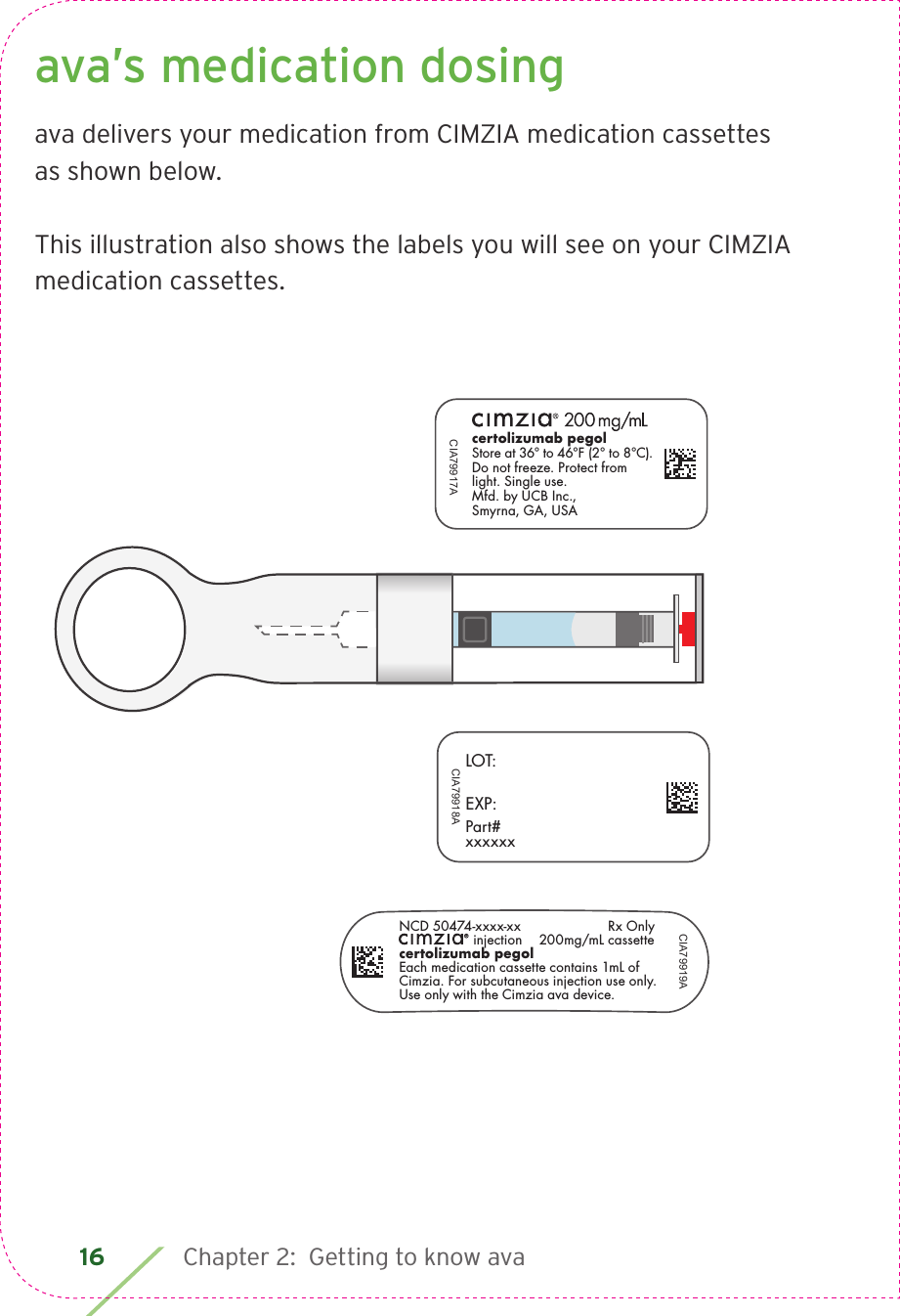 16 Chapter 2:  Getting to know avaava’s medication dosingava delivers your medication from CIMZIA medication cassettes as shown below. This illustration also shows the labels you will see on your CIMZIA medication cassettes.LOT: EXP:Part# xxxxxxCIA79918Acertolizumab pegolStore at 36° to 46°F (2° to 8°C).Do not freeze. Protect from light. Single use.Mfd. by UCB Inc., Smyrna, GA, USACIA79917ACIA79919ANCD 50474-xxxx-xx  Rx Onlyinjection  200mg/mL cassettecertolizumab pegolEach medication cassette contains 1mL of Cimzia. For subcutaneous injection use only. Use only with the Cimzia ava device. 
