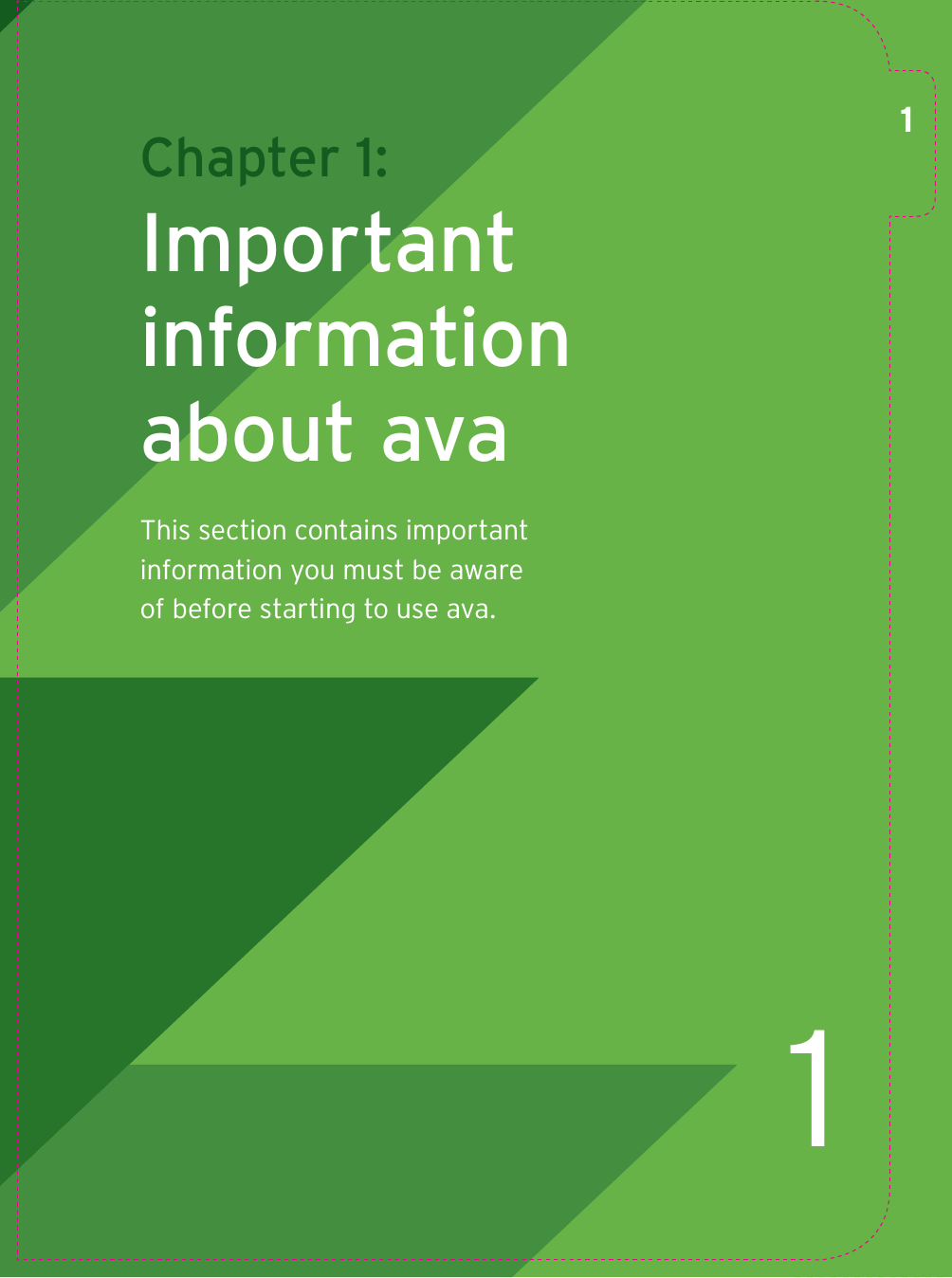 1Chapter 1: Important information about avaThis section contains important information you must be aware of before starting to use ava.1
