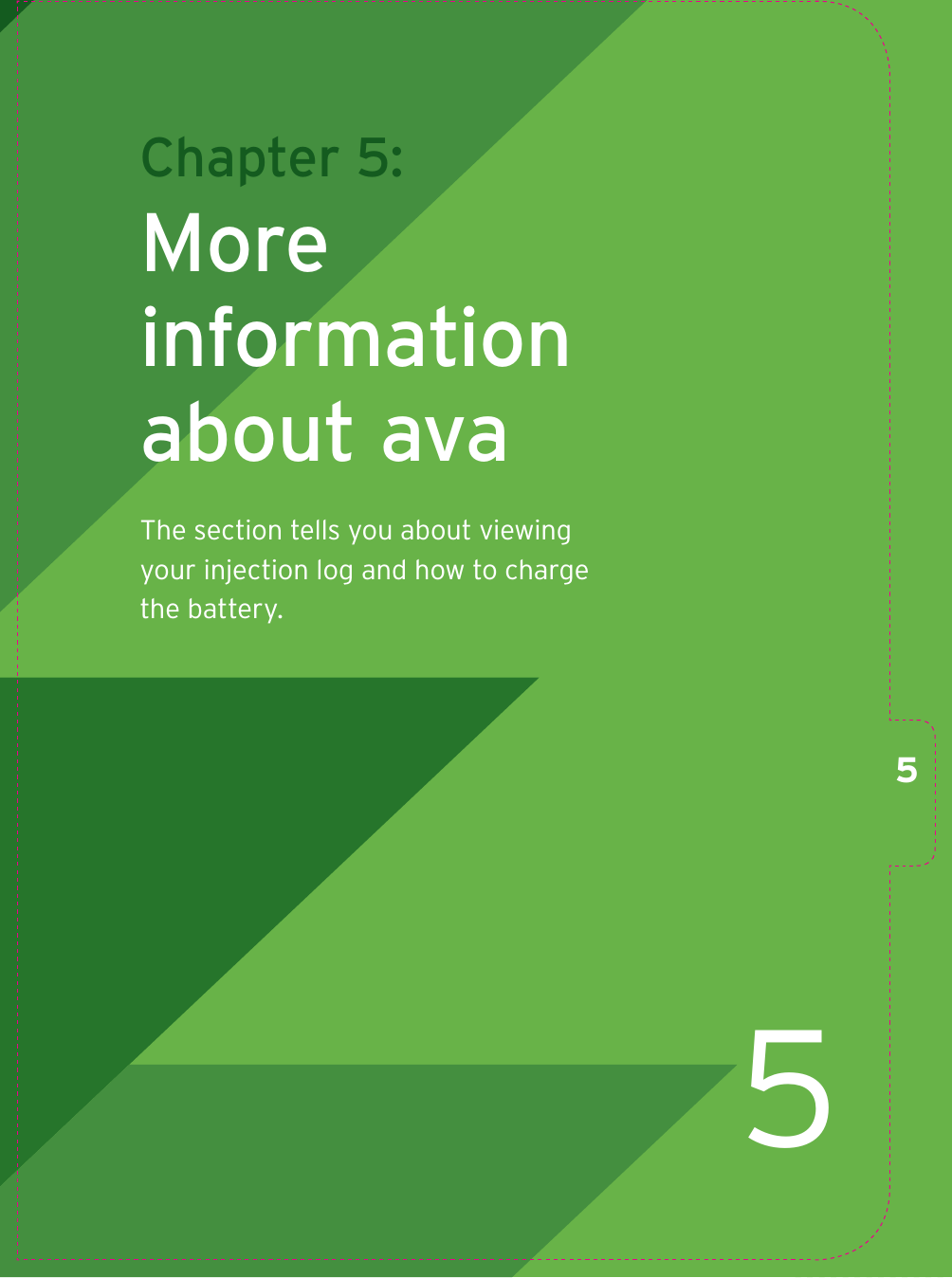5 Chapter  5: More information about avaThe section tells you about viewing your injection log and how to charge the battery.5