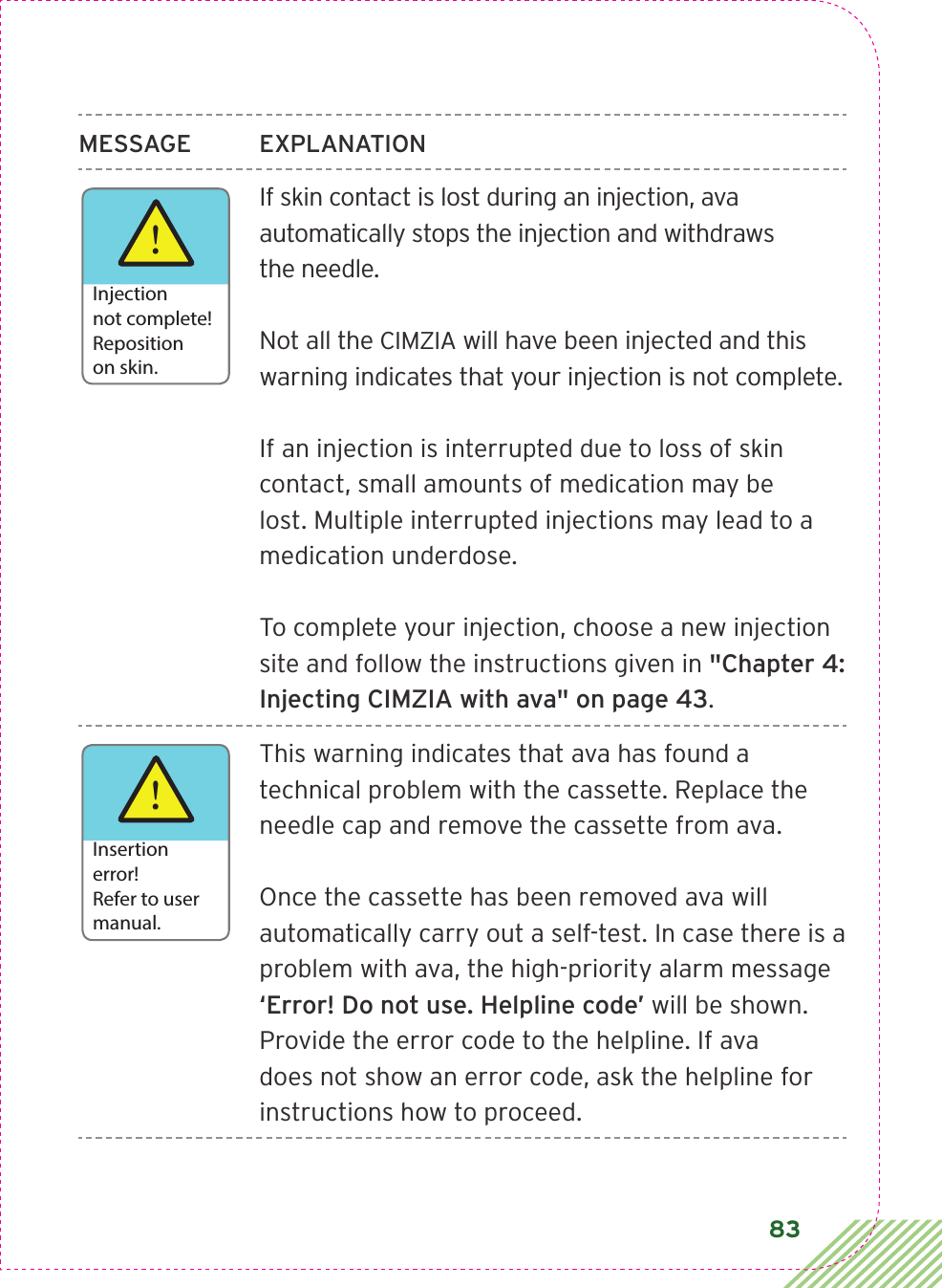 83MESSAGE EXPLANATIONIf skin contact is lost during an injection, ava automatically stops the injection and withdraws  the needle. Not all the CIMZIA will have been injected and this warning indicates that your injection is not complete. If an injection is interrupted due to loss of skin contact, small amounts of medication may be lost. Multiple interrupted injections may lead to a medication underdose.To complete your injection, choose a new injection site and follow the instructions given in &quot;Chapter 4:  Injecting CIMZIA with ava&quot; on page 43.This warning indicates that ava has found a technical problem with the cassette. Replace the needle cap and remove the cassette from ava. Once the cassette has been removed ava will automatically carry out a self-test. In case there is a problem with ava, the high-priority alarm message ‘Error! Do not use. Helpline code’ will be shown. Provide the error code to the helpline. If ava does not show an error code, ask the helpline for instructions how to proceed.!Injection not complete!Reposition on skin.!Insertionerror!Refer to usermanual.