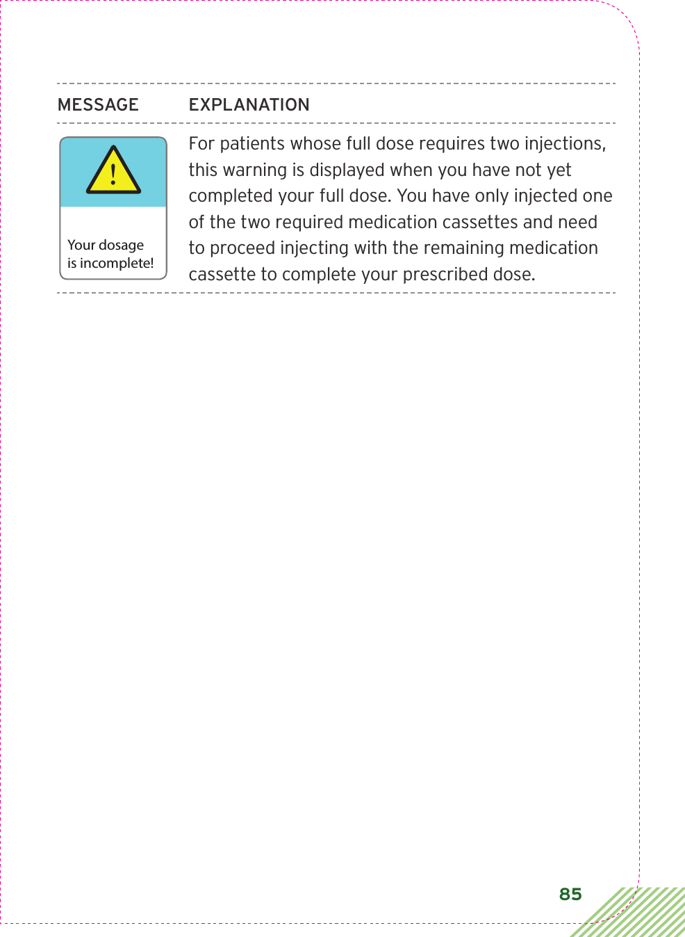 85MESSAGE EXPLANATIONFor patients whose full dose requires two injections, this warning is displayed when you have not yet completed your full dose. You have only injected one of the two required medication cassettes and need to proceed injecting with the remaining medication cassette to complete your prescribed dose.!Your dosageis incomplete!