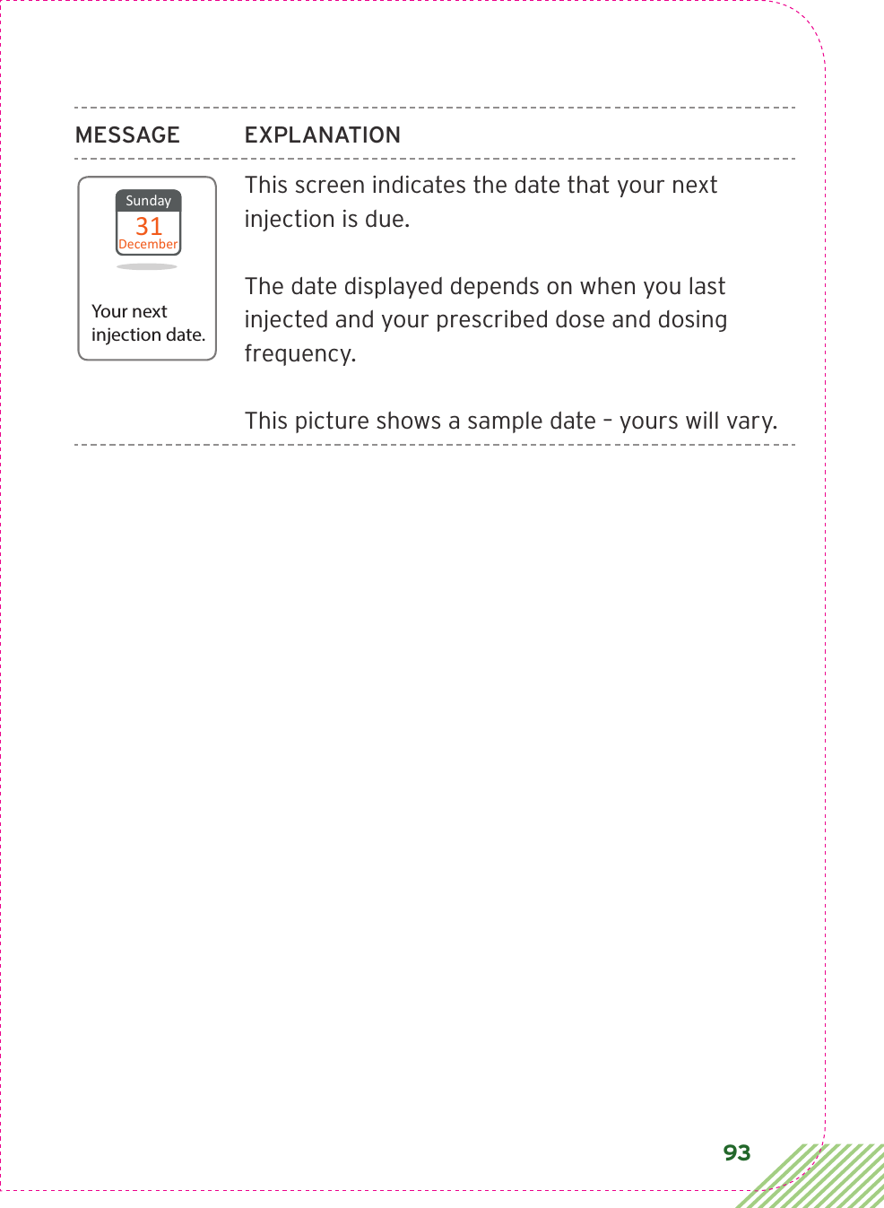 93MESSAGE EXPLANATIONThis screen indicates the date that your next injection is due.The date displayed depends on when you last injected and your prescribed dose and dosing frequency. This picture shows a sample date – yours will vary.Sunday31DecemberYour next injection date.
