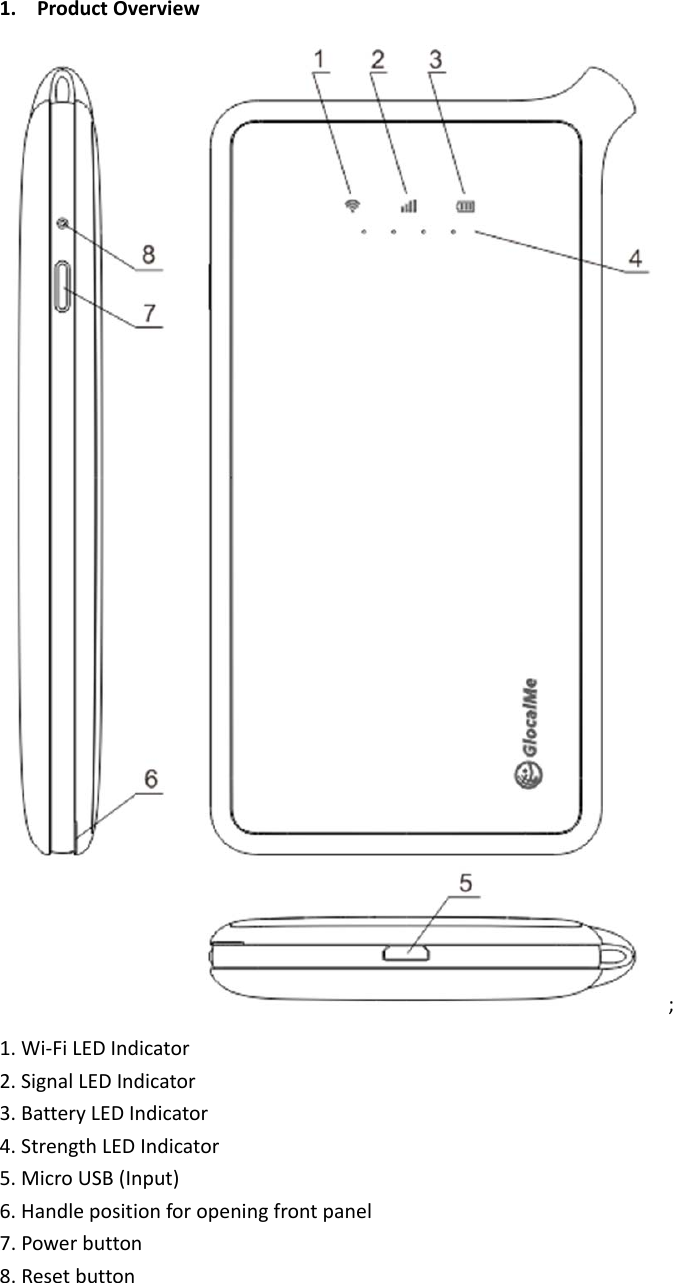 1. ProductOverview;1. Wi‐FiLEDIndicator2. SignalLEDIndicator3. BatteryLEDIndicator4. StrengthLEDIndicator5. MicroUSB(Input)6. Handlepositionforopeningfrontpanel7. Powerbutton8. Resetbutton