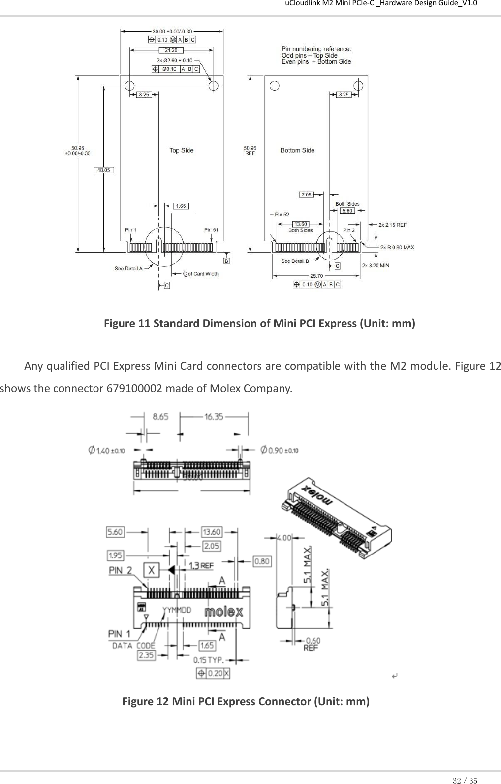 uCloudlink M2 Mini PCIe-C _Hardware Design Guide_V1.0 32／35  Figure 11 Standard Dimension of Mini PCI Express (Unit: mm)  Any qualified PCI Express Mini Card connectors are compatible with the M2 module. Figure 12 shows the connector 679100002 made of Molex Company.        Figure 12 Mini PCI Express Connector (Unit: mm) 