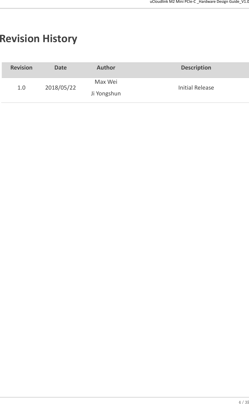 uCloudlink M2 Mini PCIe-C _Hardware Design Guide_V1.0 4／35  Revision History  Revision Date Author Description 1.0 2018/05/22 Max Wei Ji Yongshun Initial Release    