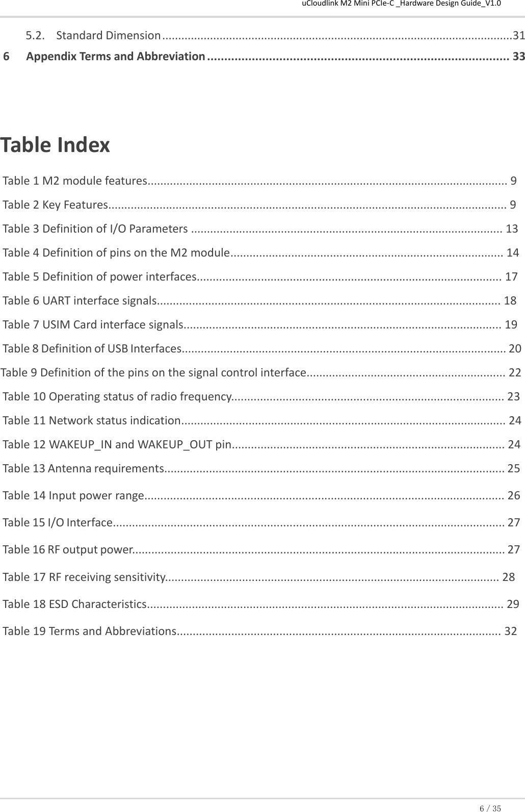 uCloudlink M2 Mini PCIe-C _Hardware Design Guide_V1.0 6／35 5.2. Standard Dimension .............................................................................................................. 31 6 Appendix Terms and Abbreviation ........................................................................................ 33   Table Index  Table 1 M2 module features................................................................................................................ 9  Table 2 Key Features............................................................................................................................ 9  Table 3 Definition of I/O Parameters ................................................................................................. 13  Table 4 Definition of pins on the M2 module..................................................................................... 14  Table 5 Definition of power interfaces............................................................................................... 17  Table 6 UART interface signals........................................................................................................... 18 Table 7 USIM Card interface signals................................................................................................... 19  Table 8 Definition of USB Interfaces..................................................................................................... 20  Table 9 Definition of the pins on the signal control interface.............................................................. 22  Table 10 Operating status of radio frequency..................................................................................... 23  Table 11 Network status indication..................................................................................................... 24  Table 12 WAKEUP_IN and WAKEUP_OUT pin..................................................................................... 24 Table 13 Antenna requirements.......................................................................................................... 25  Table 14 Input power range................................................................................................................ 26  Table 15 I/O Interface.......................................................................................................................... 27  Table 16 RF output power.................................................................................................................... 27 Table 17 RF receiving sensitivity........................................................................................................ 28  Table 18 ESD Characteristics............................................................................................................... 29  Table 19 Terms and Abbreviations..................................................................................................... 32  