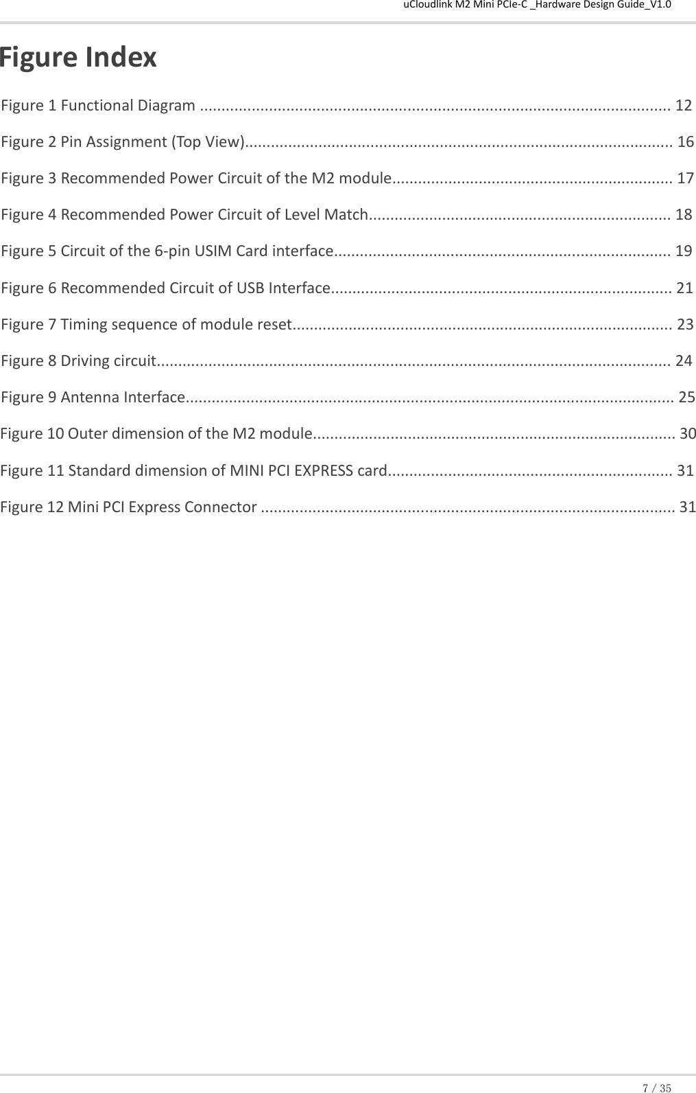 uCloudlink M2 Mini PCIe-C _Hardware Design Guide_V1.0 7／35 Figure Index  Figure 1 Functional Diagram ............................................................................................................. 12  Figure 2 Pin Assignment (Top View)................................................................................................... 16  Figure 3 Recommended Power Circuit of the M2 module................................................................. 17  Figure 4 Recommended Power Circuit of Level Match...................................................................... 18  Figure 5 Circuit of the 6-pin USIM Card interface.............................................................................. 19  Figure 6 Recommended Circuit of USB Interface............................................................................... 21  Figure 7 Timing sequence of module reset........................................................................................ 23  Figure 8 Driving circuit....................................................................................................................... 24 Figure 9 Antenna Interface................................................................................................................. 25 Figure 10 Outer dimension of the M2 module.................................................................................... 30  Figure 11 Standard dimension of MINI PCI EXPRESS card.................................................................. 31  Figure 12 Mini PCI Express Connector ................................................................................................ 31  