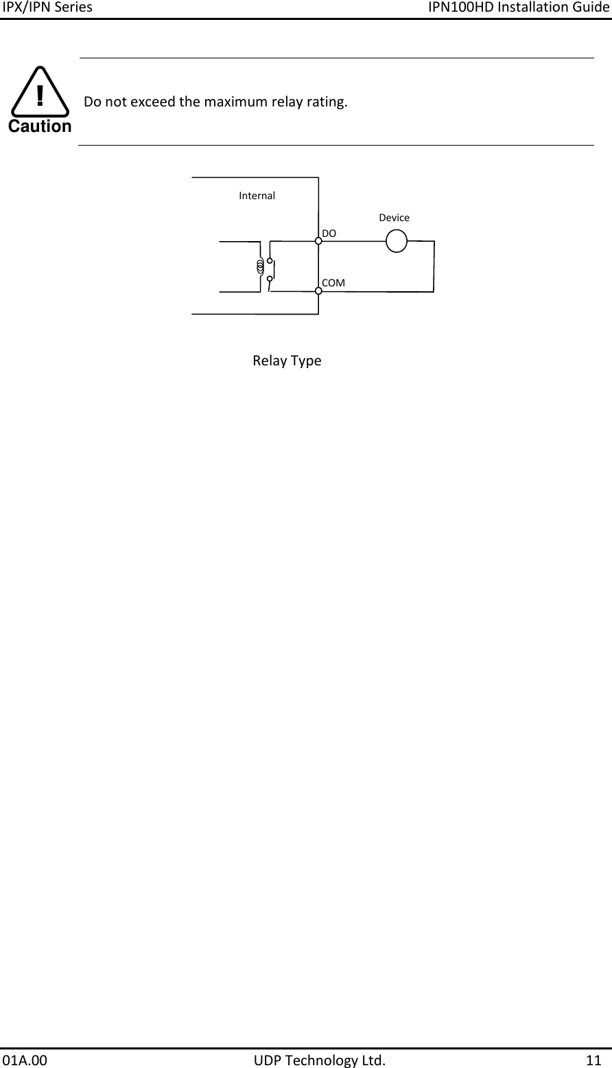 IPX/IPN Series  IPN100HD Installation Guide 01A.00    UDP Technology Ltd.  11 Caution! Do not exceed the maximum relay rating.    DO  COM Relay Type Device Internal 