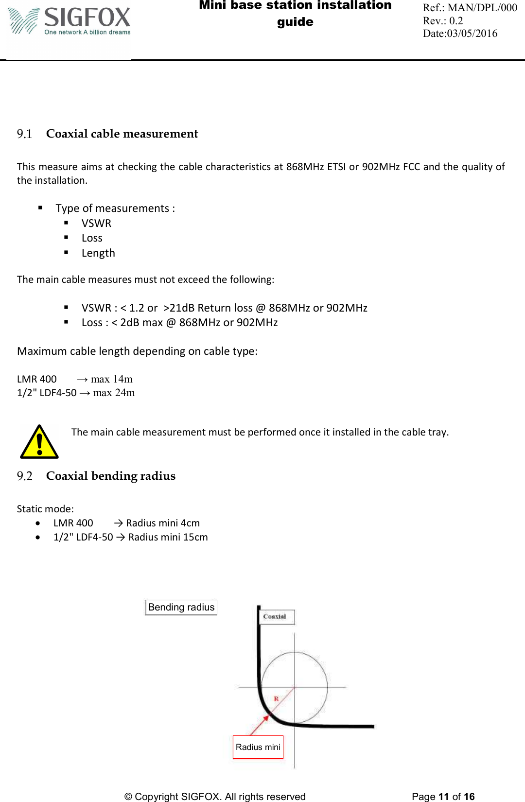  Mini base station installation guide  Ref.: MAN/DPL/000 Rev.: 0.2 Date:03/05/2016          © Copyright SIGFOX. All rights reserved      Page 11 of 16         Coaxial cable measurement  This measure aims at checking the cable characteristics at 868MHz ETSI or 902MHz FCC and the quality of the installation.   Type of measurements :  VSWR  Loss  Length  The main cable measures must not exceed the following:   VSWR : &lt; 1.2 or  &gt;21dB Return loss @ 868MHz or 902MHz  Loss : &lt; 2dB max @ 868MHz or 902MHz  Maximum cable length depending on cable type:  LMR 400        → max 14m 1/2&quot; LDF4-50 → max 24m    The main cable measurement must be performed once it installed in the cable tray.   Coaxial bending radius  Static mode:  LMR 400        → Radius mini 4cm  1/2&quot; LDF4-50 → Radius mini 15cm       Bending radiusRadius mini