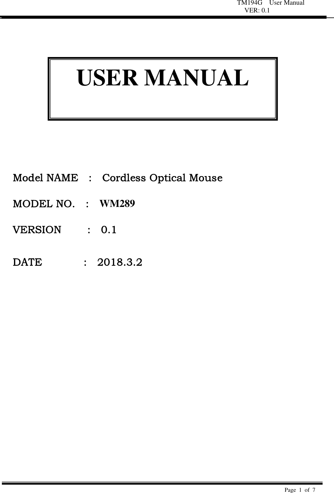 Page 1 of UNICHAIN TECHNOLOGY WM289 Cordless Optical Mouse User Manual USER Manual 01x