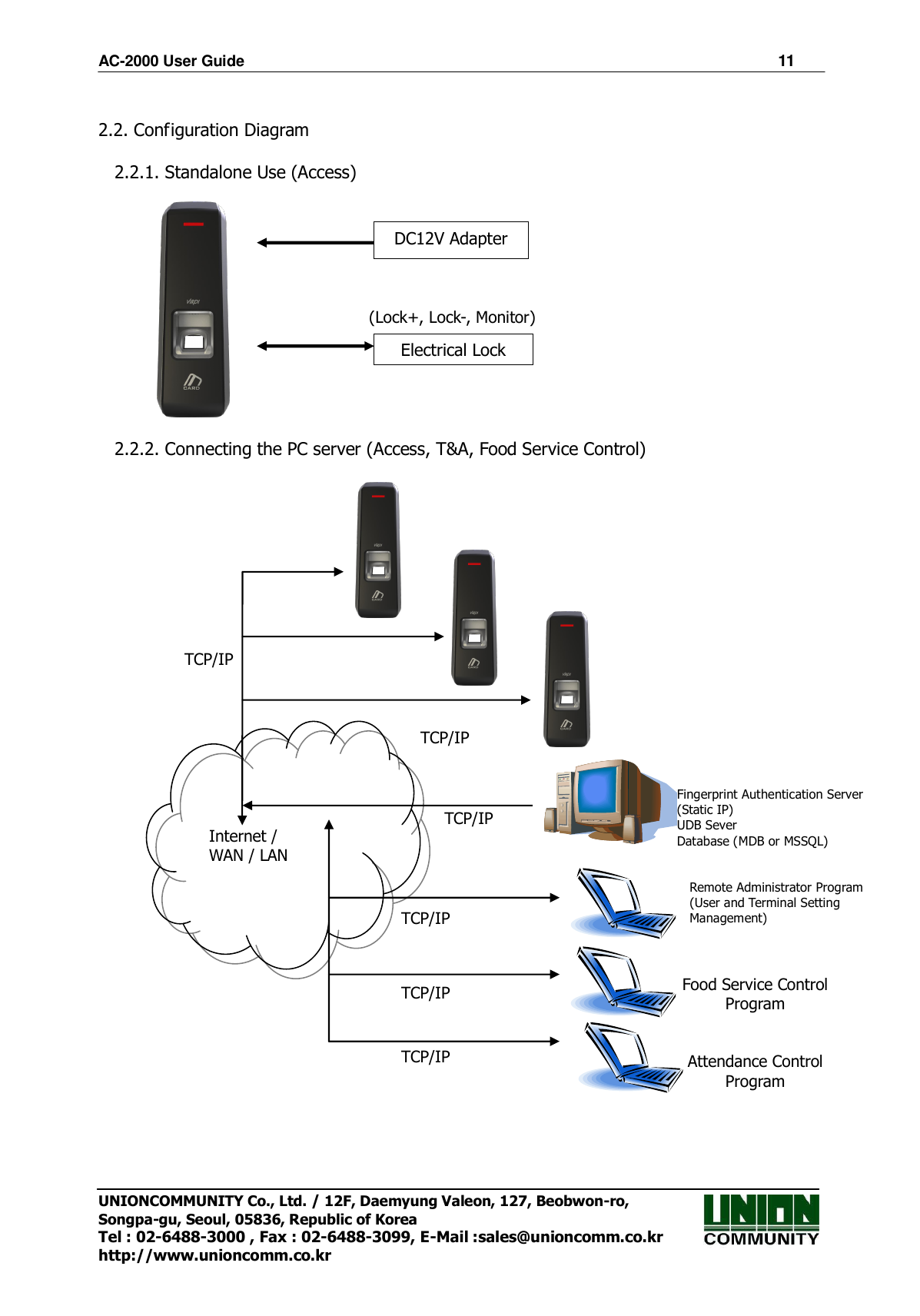 AC-2000 User Guide                                                                      11 UNIONCOMMUNITY Co., Ltd. / 12F, Daemyung Valeon, 127, Beobwon-ro, Songpa-gu, Seoul, 05836, Republic of Korea Tel : 02-6488-3000 , Fax : 02-6488-3099, E-Mail :sales@unioncomm.co.kr http://www.unioncomm.co.kr  2.2. Configuration Diagram  2.2.1. Standalone Use (Access)             2.2.2. Connecting the PC server (Access, T&amp;A, Food Service Control)                   DC12V Adapter Electrical Lock (Lock+, Lock-, Monitor) TCP/IP  Food Service Control Program   Attendance Control Program    Internet / WAN / LAN TCP/IP  Fingerprint Authentication Server (Static IP) UDB Sever Database (MDB or MSSQL)  TCP/IP Remote Administrator Program (User and Terminal Setting Management) TCP/IP TCP/IP TCP/IP 