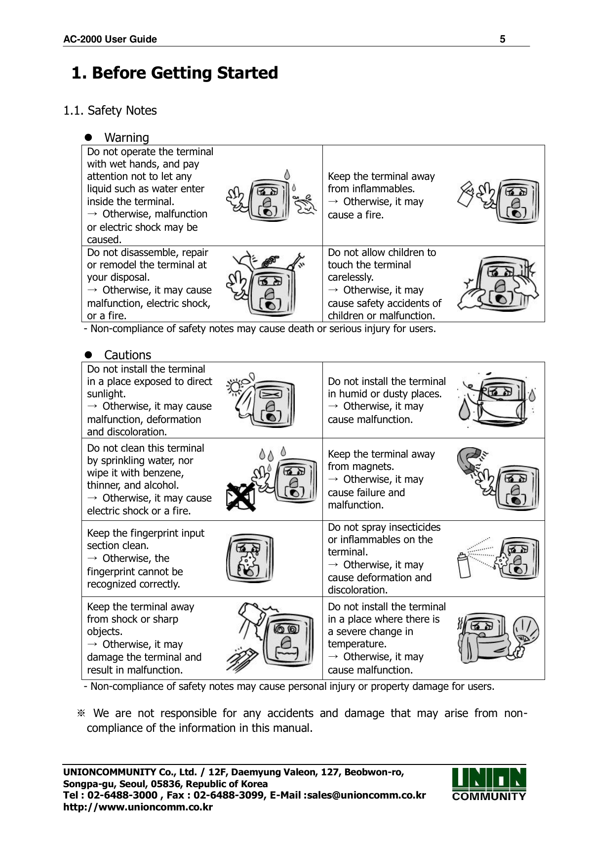 AC-2000 User Guide                                                                      5 UNIONCOMMUNITY Co., Ltd. / 12F, Daemyung Valeon, 127, Beobwon-ro, Songpa-gu, Seoul, 05836, Republic of Korea Tel : 02-6488-3000 , Fax : 02-6488-3099, E-Mail :sales@unioncomm.co.kr http://www.unioncomm.co.kr 1. Before Getting Started  1.1. Safety Notes   Warning Do not operate the terminal with wet hands, and pay attention not to let any liquid such as water enter inside the terminal. →  Otherwise, malfunction or electric shock may be caused.  Keep the terminal away from inflammables. →  Otherwise, it may cause a fire.   Do not disassemble, repair or remodel the terminal at your disposal. →  Otherwise, it may cause malfunction, electric shock, or a fire.  Do not allow children to touch the terminal carelessly. →  Otherwise, it may cause safety accidents of children or malfunction.  - Non-compliance of safety notes may cause death or serious injury for users.   Cautions Do not install the terminal in a place exposed to direct sunlight. →  Otherwise, it may cause malfunction, deformation and discoloration.  Do not install the terminal in humid or dusty places. →  Otherwise, it may cause malfunction.  Do not clean this terminal by sprinkling water, nor wipe it with benzene, thinner, and alcohol. →  Otherwise, it may cause electric shock or a fire.  Keep the terminal away from magnets. →  Otherwise, it may cause failure and malfunction.  Keep the fingerprint input section clean. →  Otherwise, the fingerprint cannot be recognized correctly.  Do not spray insecticides or inflammables on the terminal. →  Otherwise, it may cause deformation and discoloration.  Keep the terminal away from shock or sharp objects. →  Otherwise, it may damage the terminal and result in malfunction.  Do not install the terminal in a place where there is a severe change in temperature. →  Otherwise, it may cause malfunction.  - Non-compliance of safety notes may cause personal injury or property damage for users.  ※  We  are  not  responsible  for  any  accidents  and  damage  that  may  arise  from  non-compliance of the information in this manual. 