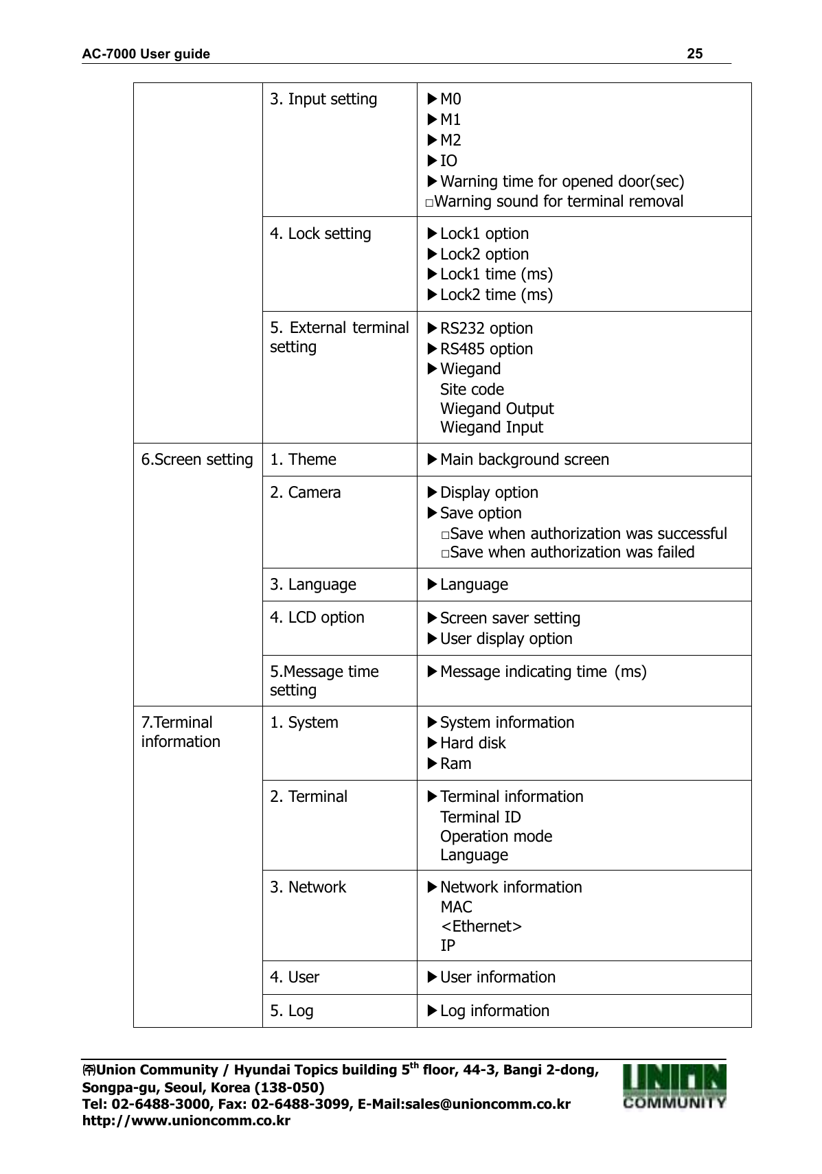 AC-7000 User guide                                                                      25 ㈜㈜㈜㈜Union Community / Hyundai Topics building 5th floor, 44-3, Bangi 2-dong,   Songpa-gu, Seoul, Korea (138-050) Tel: 02-6488-3000, Fax: 02-6488-3099, E-Mail:sales@unioncomm.co.kr http://www.unioncomm.co.kr 3. Input setting ▶M0 ▶M1 ▶M2 ▶IO ▶Warning time for opened door(sec) □Warning sound for terminal removal 4. Lock setting  ▶Lock1 option ▶Lock2 option ▶Lock1 time (ms) ▶Lock2 time (ms) 5. External terminal setting ▶RS232 option ▶RS485 option ▶Wiegand Site code Wiegand Output   Wiegand Input 6.Screen setting 1. Theme ▶Main background screen 2. Camera ▶Display option ▶Save option □Save when authorization was successful □Save when authorization was failed 3. Language ▶Language 4. LCD option ▶Screen saver setting ▶User display option 5.Message time setting ▶Message indicating time (ms) 7.Terminal information 1. System  ▶System information ▶Hard disk ▶Ram 2. Terminal ▶Terminal information Terminal ID Operation mode Language 3. Network ▶Network information MAC &lt;Ethernet&gt; IP 4. User ▶User information 5. Log ▶Log information 