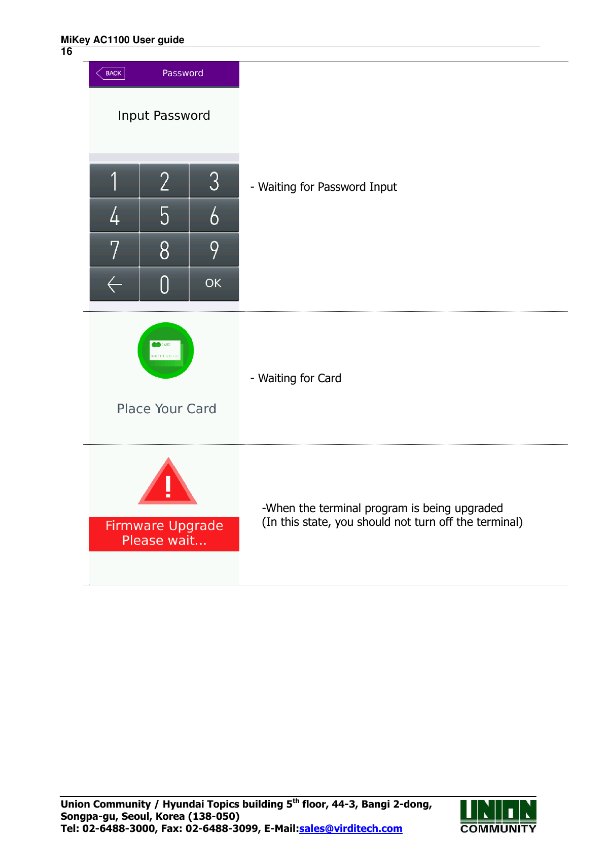 MiKey AC1100 User guide                                                                      16 Union Community / Hyundai Topics building 5th floor, 44-3, Bangi 2-dong,   Songpa-gu, Seoul, Korea (138-050) Tel: 02-6488-3000, Fax: 02-6488-3099, E-Mail:sales@virditech.com  - Waiting for Password Input  - Waiting for Card  -When the terminal program is being upgraded (In this state, you should not turn off the terminal)               