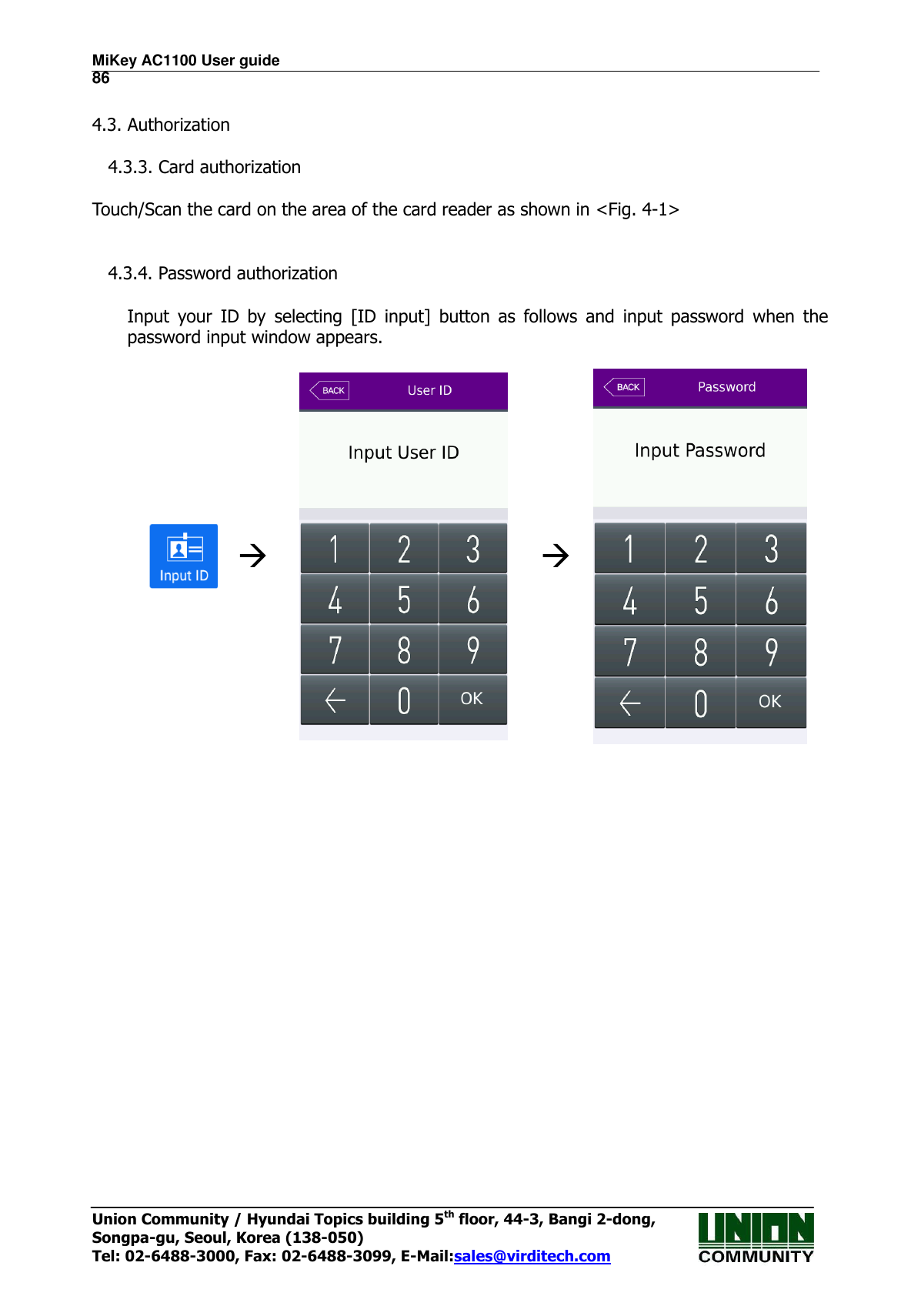 MiKey AC1100 User guide                                                                      86 Union Community / Hyundai Topics building 5th floor, 44-3, Bangi 2-dong,   Songpa-gu, Seoul, Korea (138-050) Tel: 02-6488-3000, Fax: 02-6488-3099, E-Mail:sales@virditech.com  4.3. Authorization  4.3.3. Card authorization  Touch/Scan the card on the area of the card reader as shown in &lt;Fig. 4-1&gt;   4.3.4. Password authorization  Input  your  ID  by  selecting  [ID  input]  button  as  follows  and  input  password  when  the password input window appears.          