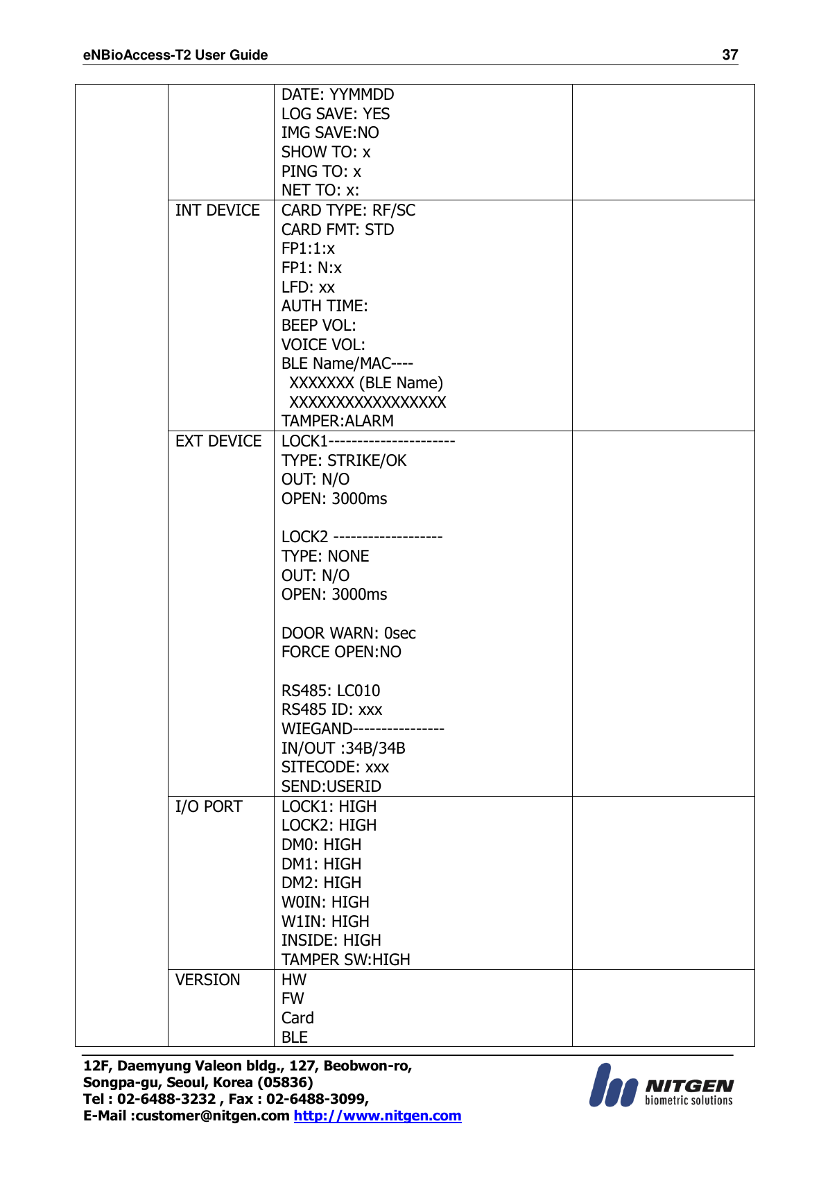 eNBioAccess-T2 User Guide                                                                    37 12F, Daemyung Valeon bldg., 127, Beobwon-ro, Songpa-gu, Seoul, Korea (05836) Tel : 02-6488-3232 , Fax : 02-6488-3099,   E-Mail :customer@nitgen.com http://www.nitgen.com  DATE: YYMMDD LOG SAVE: YES IMG SAVE:NO SHOW TO: x PING TO: x NET TO: x: INT DEVICE CARD TYPE: RF/SC CARD FMT: STD FP1:1:x FP1: N:x LFD: xx AUTH TIME: BEEP VOL: VOICE VOL: BLE Name/MAC----   XXXXXXX (BLE Name)   XXXXXXXXXXXXXXXXX TAMPER:ALARM  EXT DEVICE LOCK1---------------------- TYPE: STRIKE/OK OUT: N/O OPEN: 3000ms  LOCK2 ------------------- TYPE: NONE OUT: N/O OPEN: 3000ms  DOOR WARN: 0sec FORCE OPEN:NO  RS485: LC010 RS485 ID: xxx WIEGAND---------------- IN/OUT :34B/34B   SITECODE: xxx SEND:USERID  I/O PORT LOCK1: HIGH LOCK2: HIGH DM0: HIGH DM1: HIGH DM2: HIGH W0IN: HIGH W1IN: HIGH INSIDE: HIGH TAMPER SW:HIGH  VERSION HW   FW   Card BLE  