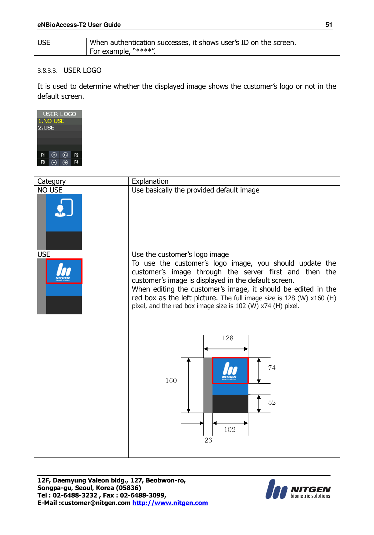 eNBioAccess-T2 User Guide                                                                    51 12F, Daemyung Valeon bldg., 127, Beobwon-ro, Songpa-gu, Seoul, Korea (05836) Tel : 02-6488-3232 , Fax : 02-6488-3099,   E-Mail :customer@nitgen.com http://www.nitgen.com  USE When authentication successes, it shows user’s ID on the screen.   For example, “****”.  3.8.3.3. USER LOGO  It is used to determine whether the displayed image shows the customer’s logo or not in the default screen.    Category Explanation NO USE  Use basically the provided default image    USE  Use the customer’s logo image To  use  the  customer’s  logo  image,  you  should  update  the customer’s  image  through  the  server  first  and  then  the customer’s image is displayed in the default screen. When editing the customer’s  image,  it  should  be edited  in the red box as the left picture. The full image size is 128 (W) x160 (H) pixel, and the red box image size is 102 (W) x74 (H) pixel.    160 128 102 26 52 74 