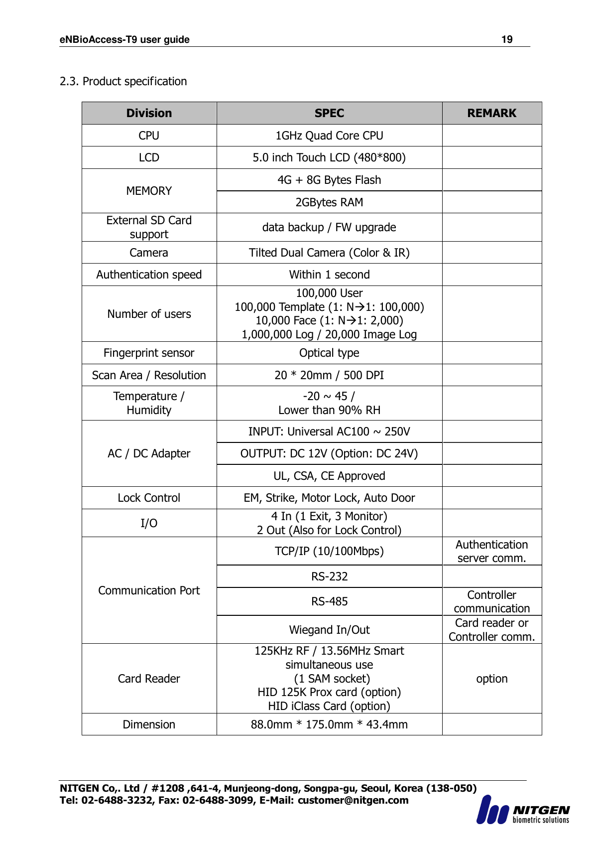 eNBioAccess-T9 user guide                                                               19 NITGEN Co,. Ltd / #1208 ,641-4, Munjeong-dong, Songpa-gu, Seoul, Korea (138-050) Tel: 02-6488-3232, Fax: 02-6488-3099, E-Mail: customer@nitgen.com   2.3. Product specification  Division SPEC REMARK CPU 1GHz Quad Core CPU  LCD 5.0 inch Touch LCD (480*800)    MEMORY 4G + 8G Bytes Flash  2GBytes RAM  External SD Card support data backup / FW upgrade  Camera   Tilted Dual Camera (Color &amp; IR)    Authentication speed Within 1 second  Number of users 100,000 User   100,000 Template (1: N1: 100,000)   10,000 Face (1: N1: 2,000)   1,000,000 Log / 20,000 Image Log  Fingerprint sensor Optical type    Scan Area / Resolution 20 * 20mm / 500 DPI  Temperature / Humidity -20 ~ 45 / Lower than 90% RH  AC / DC Adapter INPUT: Universal AC100 ~ 250V  OUTPUT: DC 12V (Option: DC 24V)    UL, CSA, CE Approved  Lock Control EM, Strike, Motor Lock, Auto Door  I/O 4 In (1 Exit, 3 Monitor)   2 Out (Also for Lock Control)    Communication Port TCP/IP (10/100Mbps)   Authentication server comm. RS-232  RS-485 Controller communication Wiegand In/Out Card reader or Controller comm. Card Reader 125KHz RF / 13.56MHz Smart simultaneous use     (1 SAM socket)   HID 125K Prox card (option)   HID iClass Card (option)   option Dimension 88.0mm * 175.0mm * 43.4mm   