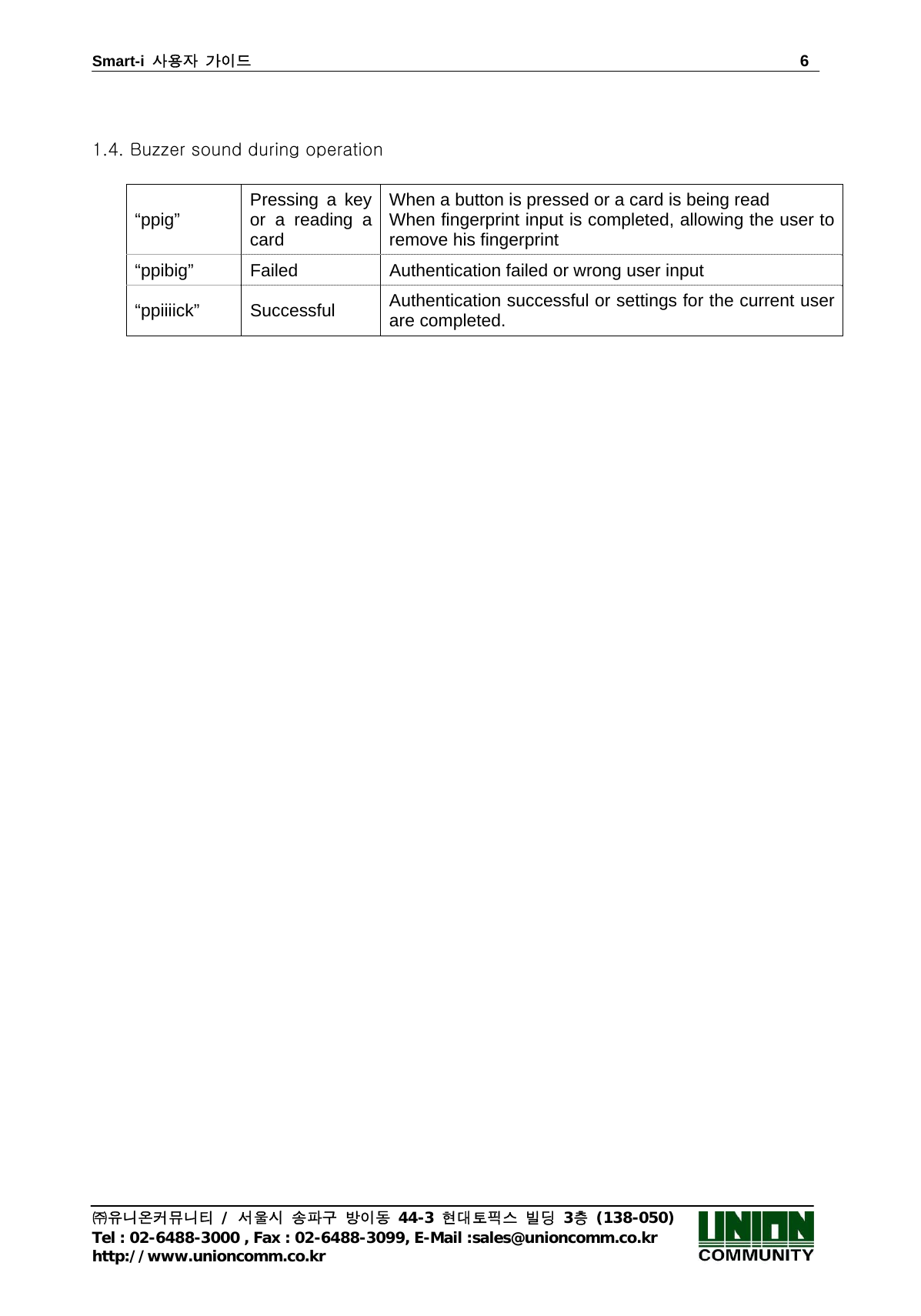 Smart-i  사용자 가이드                                                                        6 ㈜유니온커뮤니티 / 서울시 송파구 방이동 44-3 현대토픽스 빌딩 3층 (138-050) Tel : 02-6488-3000 , Fax : 02-6488-3099, E-Mail :sales@unioncomm.co.kr http://www.unioncomm.co.kr   1.4. Buzzer sound during operation  “ppig” Pressing a key or a reading a card When a button is pressed or a card is being read When fingerprint input is completed, allowing the user to remove his fingerprint “ppibig” Failed Authentication failed or wrong user input “ppiiiick” Successful Authentication successful or settings for the current user are completed.                                      