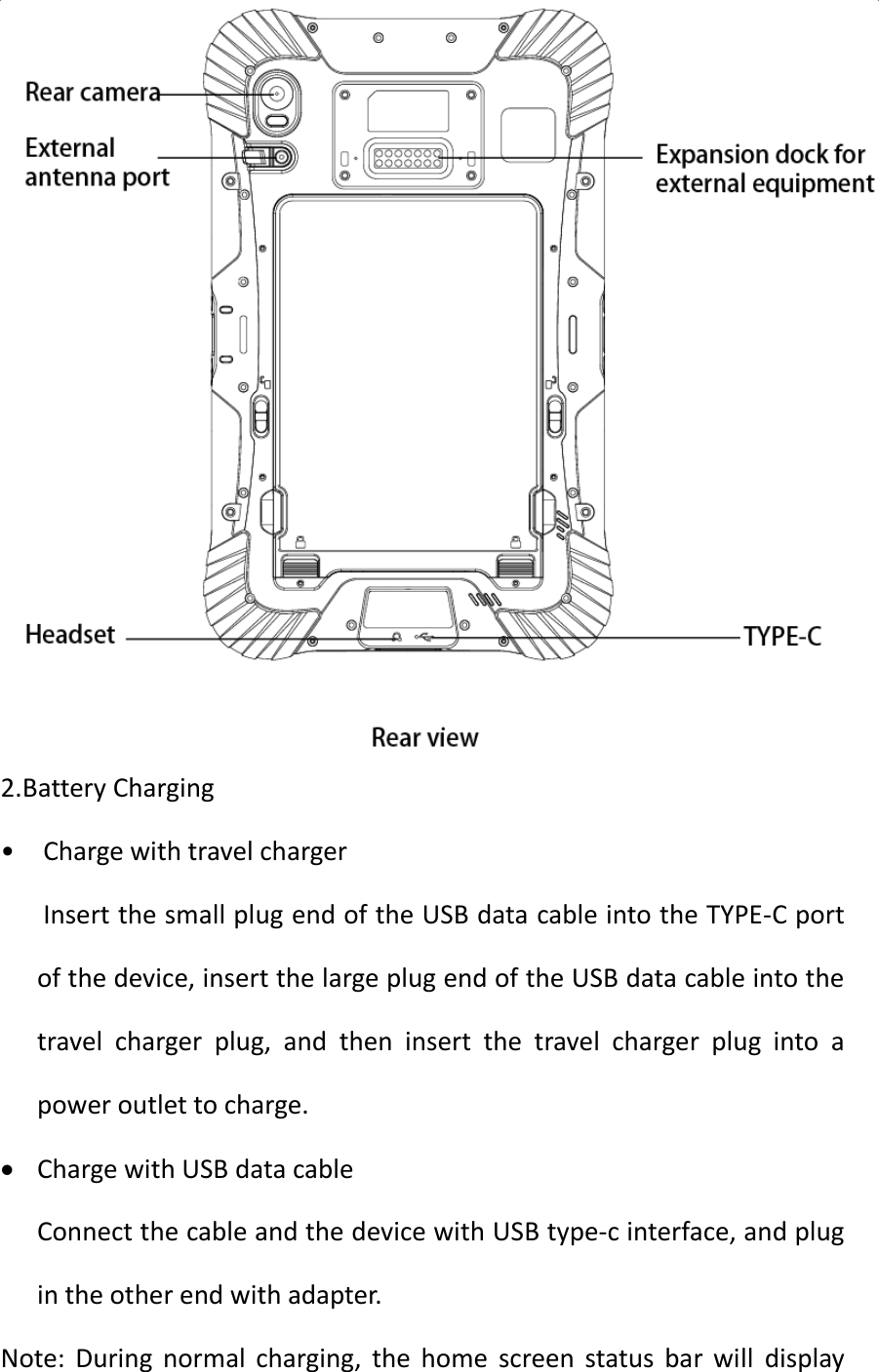   2.Battery Charging •  Charge with travel charger Insert the small plug end of the USB data cable into the TYPE-C port of the device, insert the large plug end of the USB data cable into the travel  charger  plug,  and  then  insert  the  travel  charger  plug  into  a power outlet to charge.  Charge with USB data cable Connect the cable and the device with USB type-c interface, and plug in the other end with adapter. Note:  During  normal  charging,  the  home  screen  status  bar  will  display 