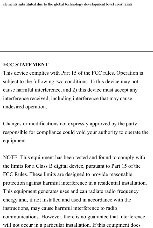  elements substituted due to the global technology development level constraints.  FCC STATEMENT This device complies with Part 15 of the FCC rules. Operation is subject to the following two conditions: 1) this device may not cause harmful interference, and 2) this device must accept any interference received, including interference that may cause undesired operation.  Changes or modifications not expressly approved by the party responsible for compliance could void your authority to operate the equipment.  NOTE: This equipment has been tested and found to comply with the limits for a Class B digital device, pursuant to Part 15 of the FCC Rules. These limits are designed to provide reasonable protection against harmful interference in a residential installation. This equipment generates uses and can radiate radio frequency energy and, if not installed and used in accordance with the instructions, may cause harmful interference to radio communications. However, there is no guarantee that interference will not occur in a particular installation. If this equipment does 