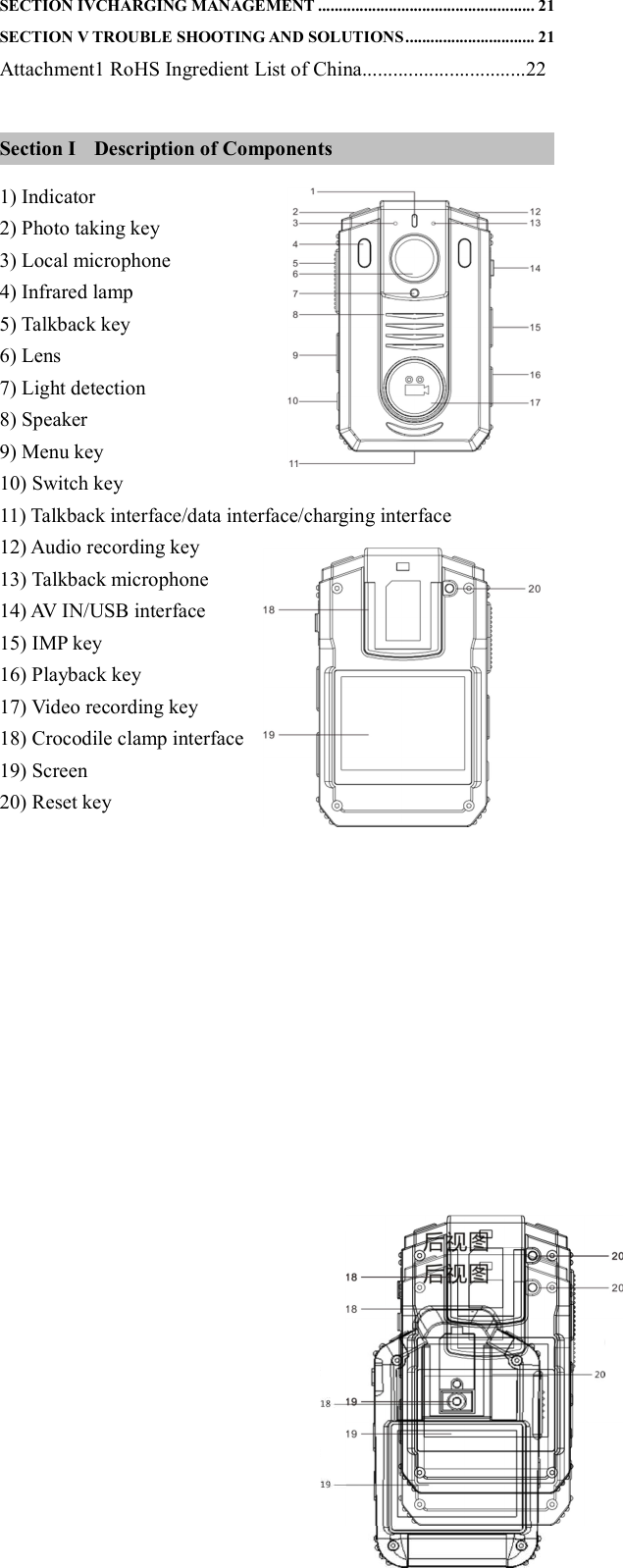  SECTION IVCHARGING MANAGEMENT .................................................... 21 SECTION V TROUBLE SHOOTING AND SOLUTIONS ............................... 21 Attachment1 RoHS Ingredient List of China................................22  Section I    Description of Components 1) Indicator                                 2) Photo taking key   3) Local microphone 4) Infrared lamp 5) Talkback key                                               6) Lens 7) Light detection 8) Speaker 9) Menu key 10) Switch key 11) Talkback interface/data interface/charging interface 12) Audio recording key 13) Talkback microphone 14) AV IN/USB interface 15) IMP key 16) Playback key 17) Video recording key 18) Crocodile clamp interface 19) Screen 20) Reset key  
