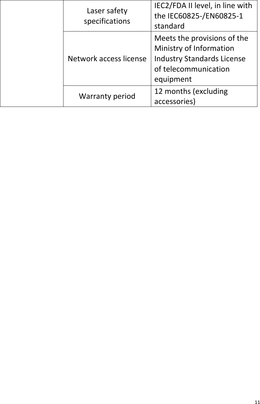  11 Laser safety specifications IEC2/FDA II level, in line with the IEC60825-/EN60825-1 standard Network access license Meets the provisions of the Ministry of Information Industry Standards License of telecommunication equipment Warranty period 12 months (excluding accessories)                 