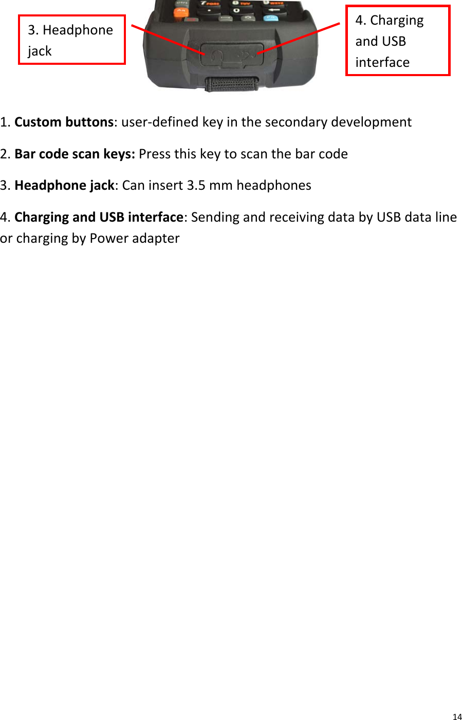  14  1. Custom buttons: user-defined key in the secondary development 2. Bar code scan keys: Press this key to scan the bar code 3. Headphone jack: Can insert 3.5 mm headphones 4. Charging and USB interface: Sending and receiving data by USB data line or charging by Power adapter               4. Charging and USB interface  3. Headphone jack  