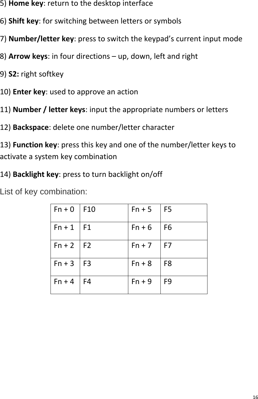  16 5) Home key: return to the desktop interface 6) Shift key: for switching between letters or symbols 7) Number/letter key: press to switch the keypad’s current input mode 8) Arrow keys: in four directions – up, down, left and right 9) S2: right softkey 10) Enter key: used to approve an action 11) Number / letter keys: input the appropriate numbers or letters 12) Backspace: delete one number/letter character 13) Function key: press this key and one of the number/letter keys to activate a system key combination 14) Backlight key: press to turn backlight on/off List of key combination: Fn + 0 F10 Fn + 5 F5 Fn + 1  F1  Fn + 6  F6 Fn + 2  F2  Fn + 7  F7 Fn + 3  F3  Fn + 8  F8 Fn + 4  F4  Fn + 9  F9      