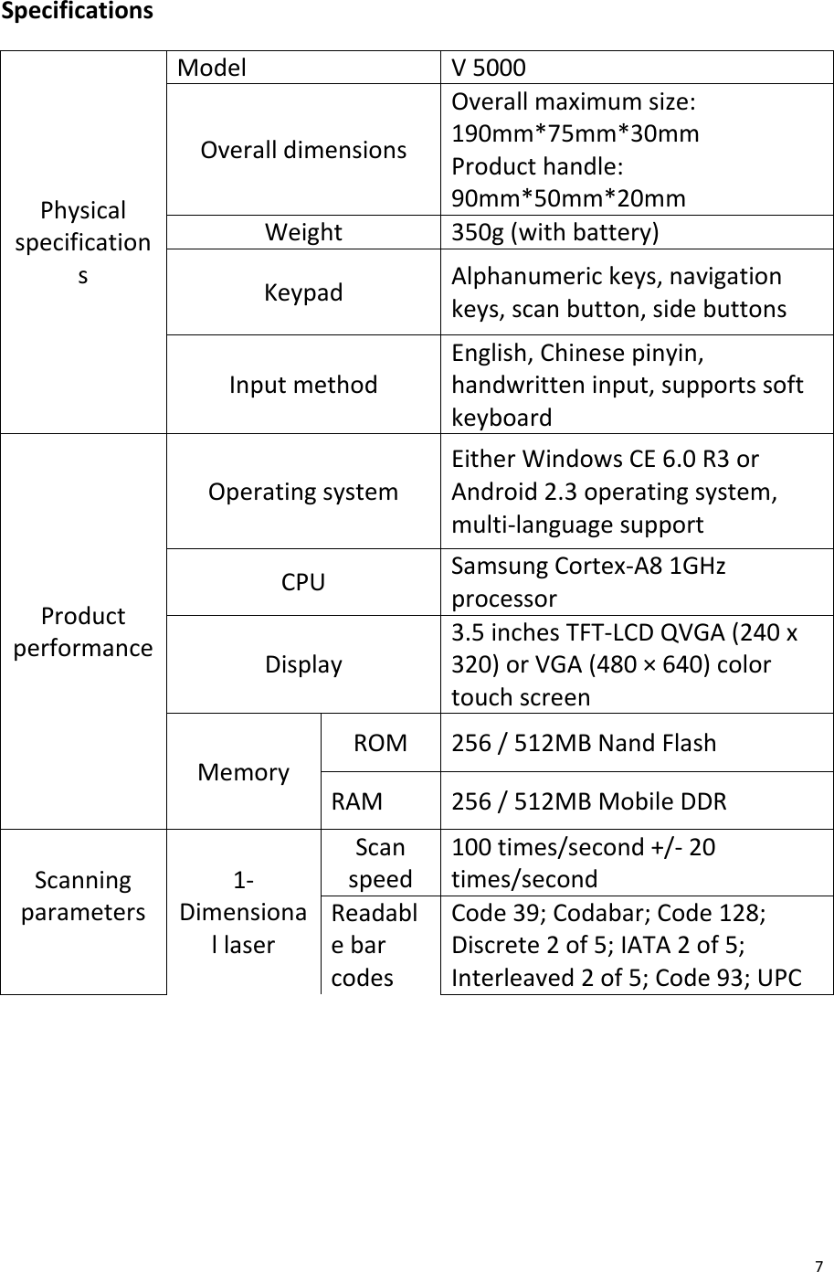  7 Specifications Physical specifications Model V 5000 Overall dimensions Overall maximum size: 190mm*75mm*30mm Product handle: 90mm*50mm*20mm Weight 350g (with battery) Keypad  Alphanumeric keys, navigation keys, scan button, side buttons Input method English, Chinese pinyin, handwritten input, supports soft keyboard Product performance Operating system Either Windows CE 6.0 R3 or Android 2.3 operating system, multi-language support CPU Samsung Cortex-A8 1GHz processor Display 3.5 inches TFT-LCD QVGA (240 x 320) or VGA (480 × 640) color touch screen Memory ROM 256 / 512MB Nand Flash RAM 256 / 512MB Mobile DDR Scanning parameters  1-Dimensional laser Scan speed 100 times/second +/- 20 times/second Readable bar codes Code 39; Codabar; Code 128; Discrete 2 of 5; IATA 2 of 5; Interleaved 2 of 5; Code 93; UPC 