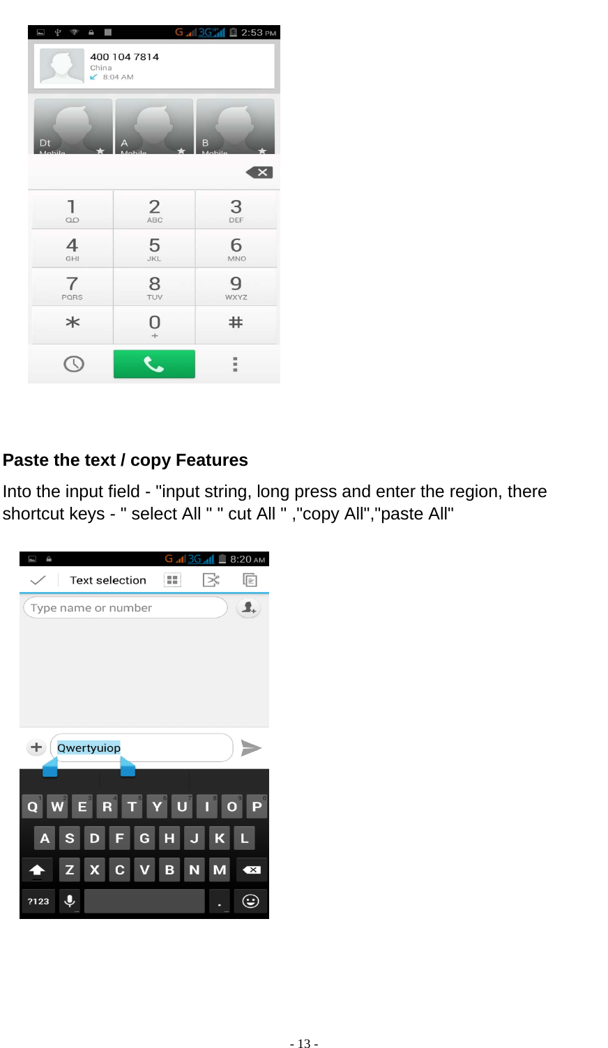  - 13 -     Paste the text / copy Features Into the input field - &quot;input string, long press and enter the region, there shortcut keys - &quot; select All &quot; &quot; cut All &quot; ,&quot;copy All&quot;,&quot;paste All&quot;         