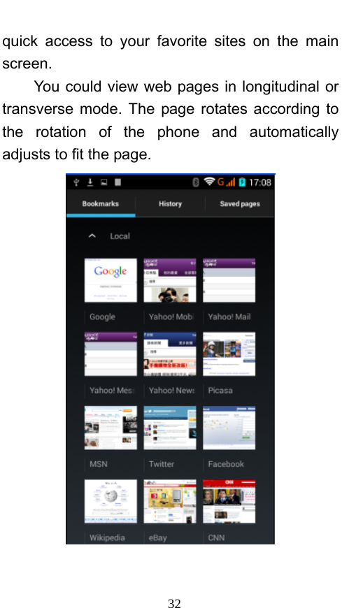  32 quick access to your favorite sites on the main screen. You could view web pages in longitudinal or transverse mode. The page rotates according to the rotation of the phone and automatically adjusts to fit the page.  