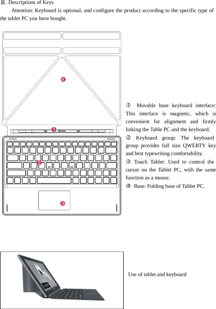           Ⅲ. Descriptions of Keys Attention: Keyboard is optional, and configure the product according to the specific type of the tablet PC you have bought.                ○1    Movable base keyboard interface: This interface  is  magnetic,  which is convenient  for  alignment and firmly linking the Table PC and the keyboard. ○2    Keyboard   group:   The   keyboard group  provides  full size  QWERTY key and best typewriting comfortability. ○3   Touch  Tablet:  Used  to  control  the cursor  on  the  Tablet PC,  with the  same function as a mouse. ○4   Base: Folding base of Tablet PC.                 Use of tablet and keyboard 