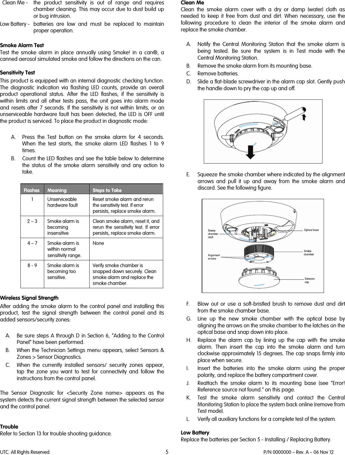 UTC. All Rights Reserved. 5 P/N 0000000 – Rev. A – 06 Nov 12   Clean Me -  the  product sensitivity is out of range and requires chamber cleaning. This may occur due to dust build up or bug intrusion.  Low Battery -  batteries are low and must be replaced to maintain proper operation.   Smoke Alarm Test Test the smoke alarm in place annually using Smoke! in a can®,  a canned aerosol simulated smoke and follow the directions on the can.  Sensitivity Test This product is equipped with an internal diagnostic checking function. The diagnostic indication via flashing LED counts, provide an overall product operational status. After the LED flashes, if the sensitivity is within limits and all other tests pass, the unit goes into alarm mode and resets after 7 seconds. If the sensitivity is not within limits, or an unserviceable hardware fault has been detected, the LED  is OFF until the product is serviced. To place the product in diagnostic mode:  A. Press the Test button on the smoke alarm for 4 seconds. When the test starts, the smoke alarm LED flashes 1 to 9 times. B. Count the LED flashes and see the table below to determine the status of the smoke alarm sensitivity and any action to take.   Flashes Meaning Steps to Take   1  Unserviceable hardware fault Reset smoke alarm and rerun the sensitivity test. If error persists, replace smoke alarm.  2 – 3  Smoke alarm is becoming insensitive Clean smoke alarm, reset it, and rerun the sensitivity test. If error persists, replace smoke alarm.  4 – 7  Smoke alarm is within normal sensitivity range. None  8 - 9  Smoke alarm is becoming too sensitive. Verify smoke chamber is snapped down securely. Clean smoke alarm and replace the smoke chamber.  Wireless Signal Strength After adding the smoke alarm to the control panel and installing this product, test the signal strength between the control panel and its added sensors/security zones:  A. Be sure steps A through D in Section 6, “Adding to the Control Panel” have been performed. B. When the Technician Settings menu appears, select Sensors &amp; Zones &gt; Sensor Diagnostics. C. When the currently installed sensors/ security zones appear, tap the zone you want to test for connectivity and follow the instructions from the control panel.  The Sensor Diagnostic for &lt;Security Zone name&gt; appears as the system detects the current signal strength between the selected sensor and the control panel.   Trouble Refer to Section 13 for trouble shooting guidance.  Clean Me Clean the smoke alarm cover with a dry or damp (water) cloth as needed to keep it free from dust and dirt. When necessary, use the following procedure to clean the interior of the smoke alarm and replace the smoke chamber.  A. Notify the Central Monitoring Station that the smoke alarm is being tested. Be sure the system is in Test mode with the Central Monitoring Station. B. Remove the smoke alarm from its mounting base. C. Remove batteries. D. Slide a flat-blade screwdriver in the alarm cap slot. Gently push the handle down to pry the cap up and off.    E. Squeeze the smoke chamber where indicated by the alignment arrows and pull it up and away from the smoke alarm and discard. See the following figure.    F. Blow out or use a soft-bristled brush to remove dust and dirt from the smoke chamber base. G. Line up the new smoke chamber with the optical base by aligning the arrows on the smoke chamber to the latches on the optical base and snap down into place. H. Replace the alarm cap by lining up the cap with the smoke alarm. Then insert the cap into the smoke alarm and turn clockwise approximately 15 degrees. The cap snaps firmly into place when secure. I. Insert the batteries into the smoke alarm using the proper polarity, and replace the battery compartment cover. J. Reattach the smoke alarm to its mounting base (see “Error! Reference source not found.” on this page. K. Test the smoke alarm sensitivity and contact the Central Monitoring Station to place the system back online (remove from Test mode). L. Verify all auxiliary functions for a complete test of the system.  Low Battery Replace the batteries per Section 5 - Installing / Replacing Battery. 