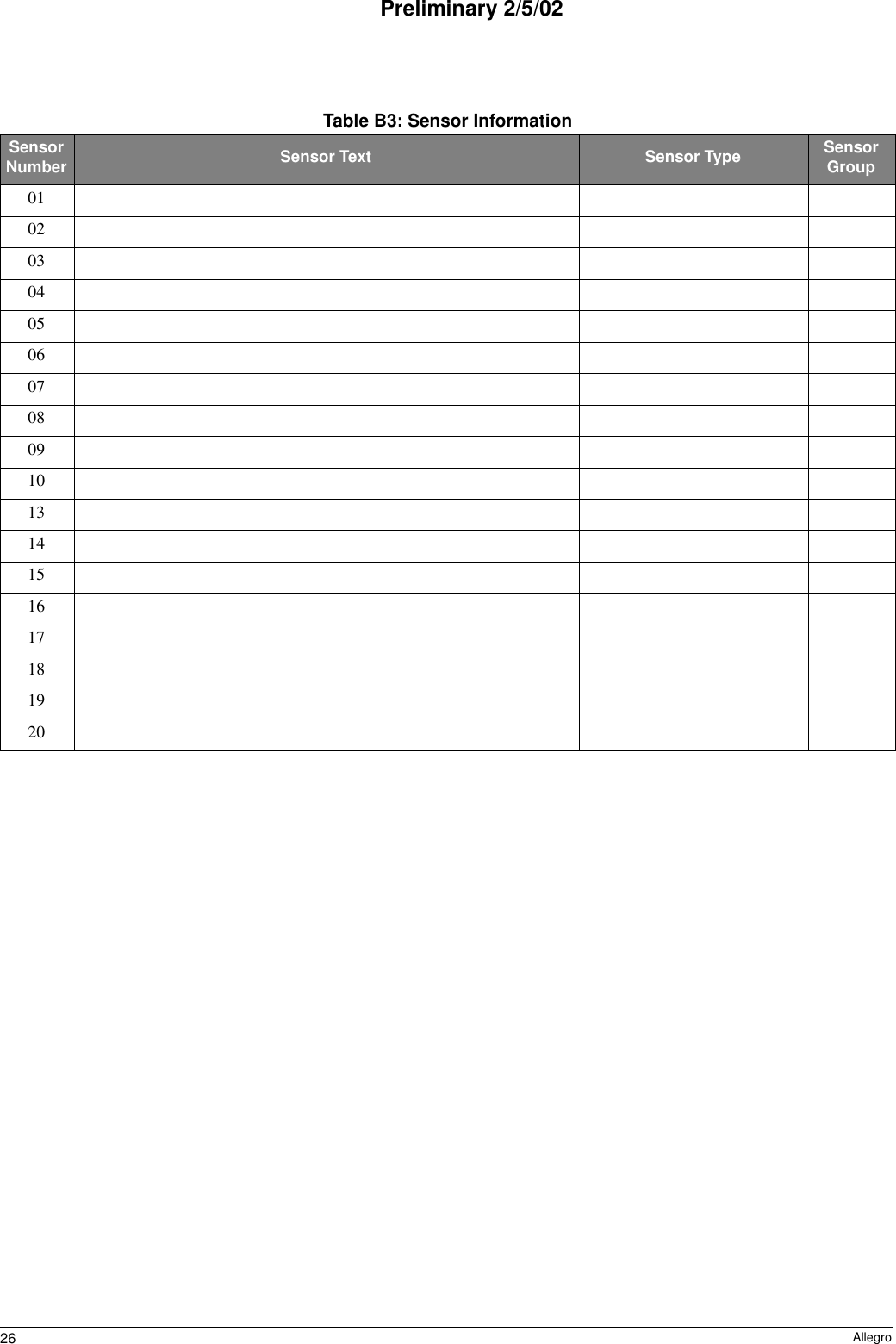 26 AllegroPreliminary 2/5/02Table B3: Sensor InformationSensor Number Sensor Text Sensor Type Sensor Group010203040506070809101314151617181920