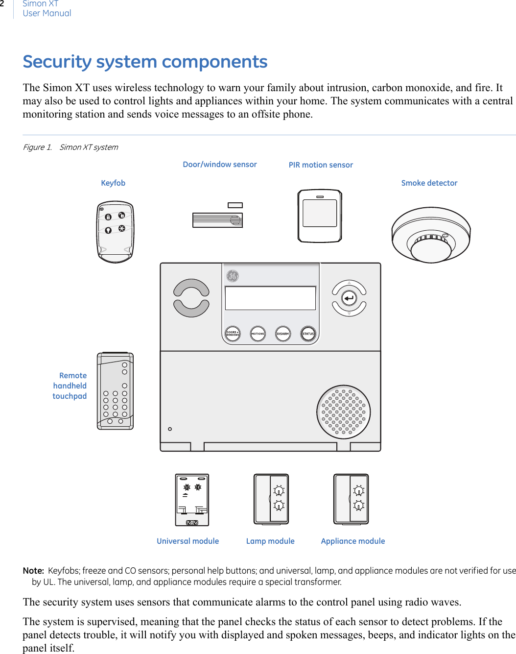 Simon XTUser Manual2Security system componentsThe Simon XT uses wireless technology to warn your family about intrusion, carbon monoxide, and fire. It may also be used to control lights and appliances within your home. The system communicates with a central monitoring station and sends voice messages to an offsite phone.Figure 1. Simon XT systemNote:  Keyfobs; freeze and CO sensors; personal help buttons; and universal, lamp, and appliance modules are not verified for use by UL. The universal, lamp, and appliance modules require a special transformer. The security system uses sensors that communicate alarms to the control panel using radio waves.The system is supervised, meaning that the panel checks the status of each sensor to detect problems. If the panel detects trouble, it will notify you with displayed and spoken messages, beeps, and indicator lights on the panel itself.Universal moduleDoor/window sensor PIR motion sensorSmoke detectorAppliance moduleLamp moduleKeyfobRemotehandheldtouchpad