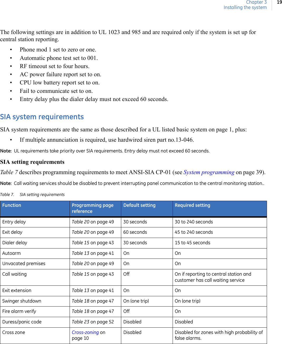 Chapter 3Installing the system19The following settings are in addition to UL 1023 and 985 and are required only if the system is set up for central station reporting.• Phone mod 1 set to zero or one.• Automatic phone test set to 001.• RF timeout set to four hours.• AC power failure report set to on.• CPU low battery report set to on.• Fail to communicate set to on.• Entry delay plus the dialer delay must not exceed 60 seconds.SIA system requirementsSIA system requirements are the same as those described for a UL listed basic system on page 1, plus:• If multiple annunciation is required, use hardwired siren part no.13-046.Note:  UL requirements take priority over SIA requirements. Entry delay must not exceed 60 seconds.SIA setting requirementsTable 7 describes programming requirements to meet ANSI-SIA CP-01 (see System programming on page 39). Note:  Call waiting services should be disabled to prevent interrupting panel communication to the central monitoring station..Table 7. SIA setting requirementsFunction Programming page referenceDefault setting Required settingEntry delay Table 20 on page 49 30 seconds 30 to 240 secondsExit delay Table 20 on page 49 60 seconds 45 to 240 secondsDialer delay Table 15 on page 43 30 seconds 15 to 45 secondsAutoarm Table 13 on page 41 On OnUnvacated premises Table 20 on page 49 On OnCall waiting Table 15 on page 43 Off On if reporting to central station and customer has call waiting serviceExit extension Table 13 on page 41 On OnSwinger shutdown Table 18 on page 47 On (one trip) On (one trip)Fire alarm verify Table 18 on page 47 Off OnDuress/panic code Table 23 on page 52 Disabled DisabledCross zone Cross-zoning on page 10Disabled Disabled for zones with high probability of false alarms.