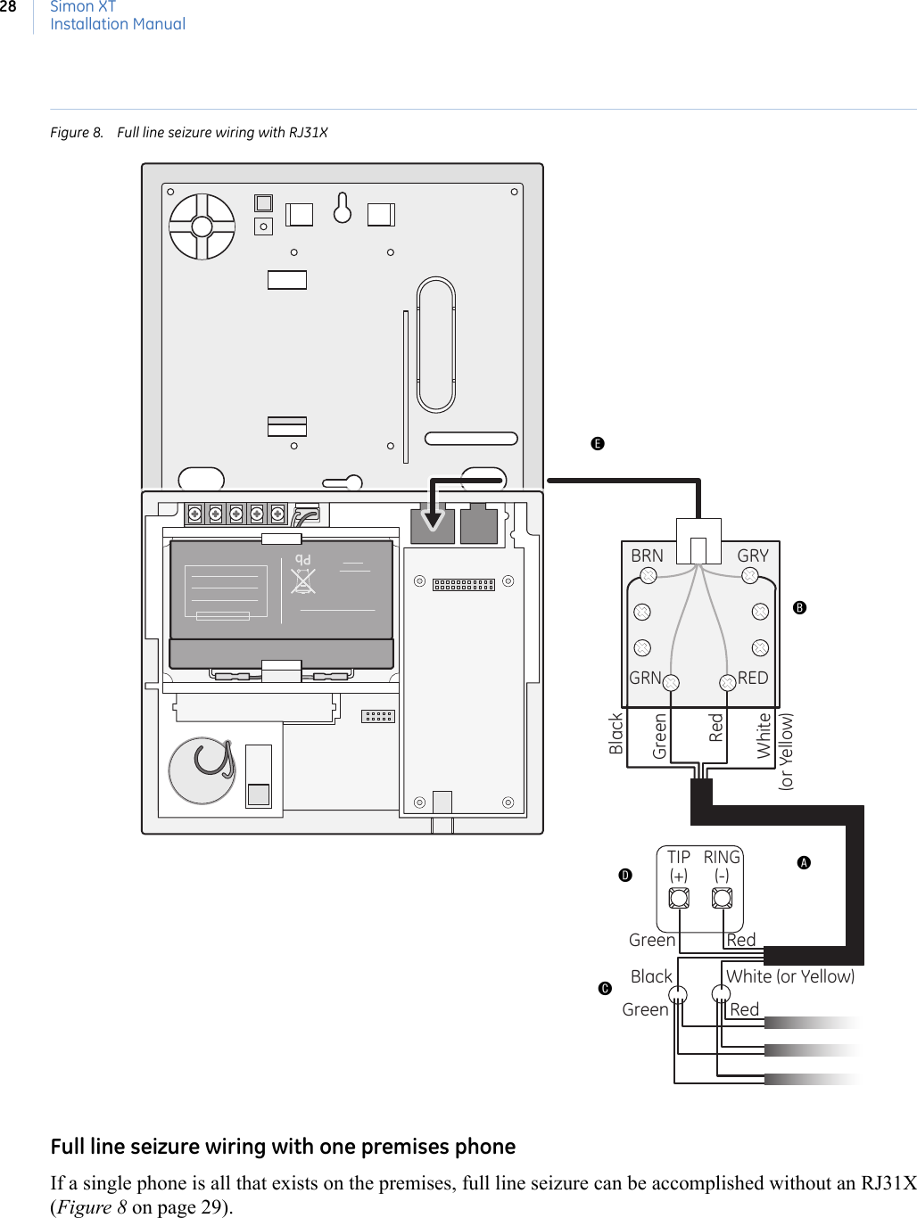 Simon XTInstallation Manual28Figure 8. Full line seizure wiring with RJ31XFull line seizure wiring with one premises phoneIf a single phone is all that exists on the premises, full line seizure can be accomplished without an RJ31X (Figure 8 on page 29).PbGreenBlackGreenRedWhite(or Yellow)RedBRN GRY(+) (-)TIPRINGGRNREDBlack White (or Yellow)Green RedEABCD