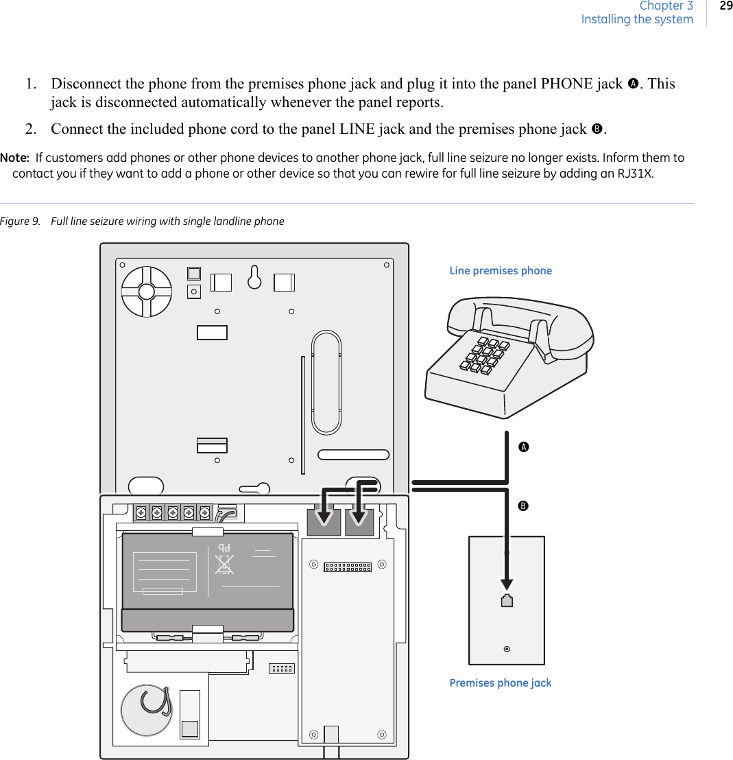 Chapter 3Installing the system291. Disconnect the phone from the premises phone jack and plug it into the panel PHONE jack A. This jack is disconnected automatically whenever the panel reports.2. Connect the included phone cord to the panel LINE jack and the premises phone jack B. Note:  If customers add phones or other phone devices to another phone jack, full line seizure no longer exists. Inform them to contact you if they want to add a phone or other device so that you can rewire for full line seizure by adding an RJ31X.Figure 9. Full line seizure wiring with single landline phonePbABLine premises phonePremises phone jack