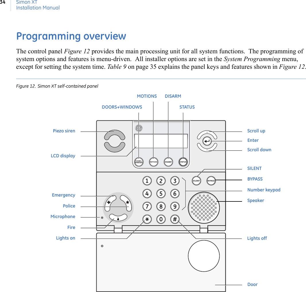 Simon XTInstallation Manual34Programming overviewThe control panel Figure 12 provides the main processing unit for all system functions.  The programming of system options and features is menu-driven.  All installer options are set in the System Programming menu, except for setting the system time. Table 9 on page 35 explains the panel keys and features shown in Figure 12.Figure 12. Simon XT self-contained panel BYPASSSILENTNumber keypadSpeakerLights onEmergencyPoliceMicrophoneFireDoorMOTIONSDOORS+WINDOWSDISARMSTATUSLights offScroll upEnterScroll downPiezo sirenLCD display